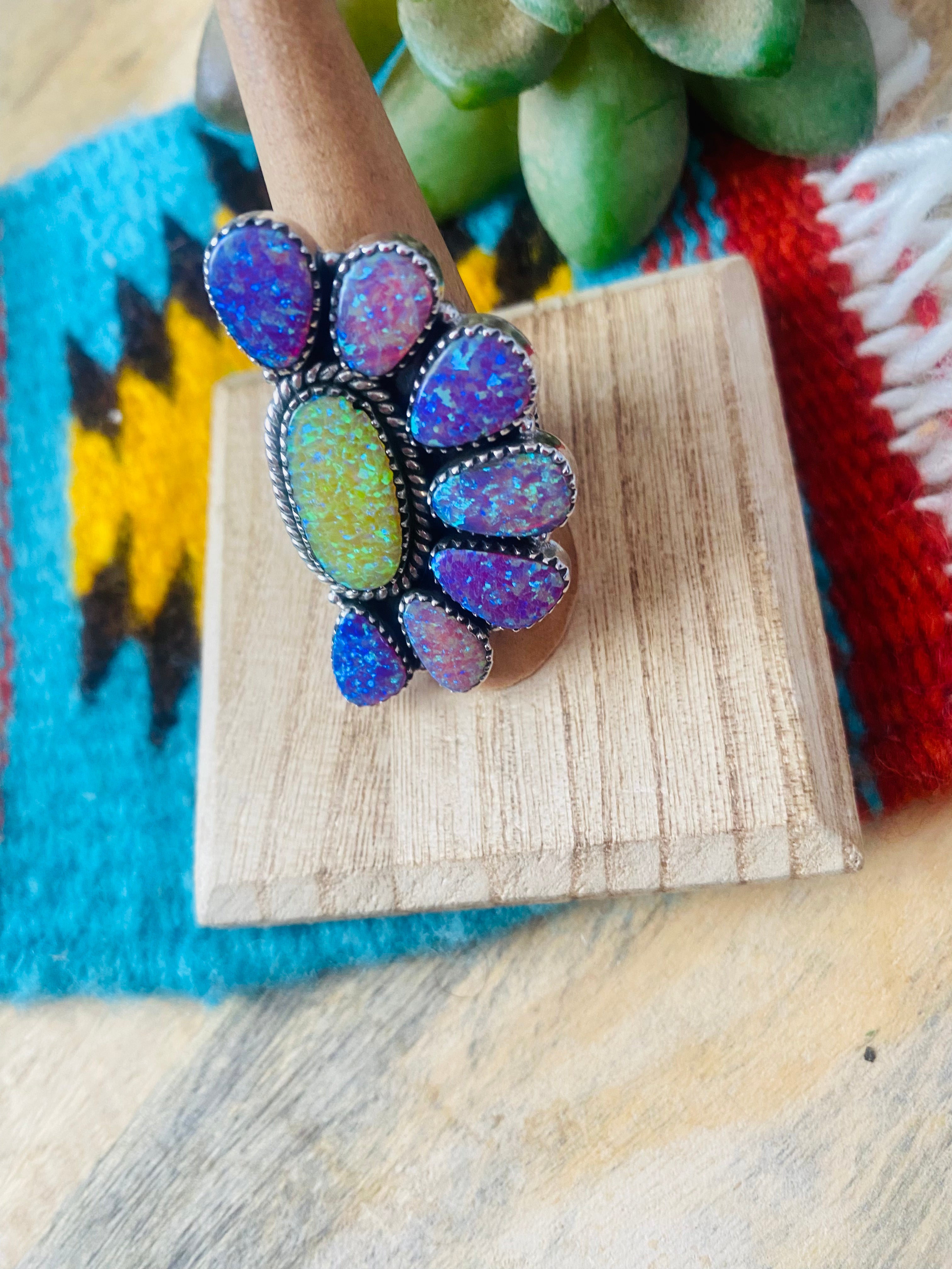 Handmade Sterling Silver & Opal Cluster Adjustable Ring