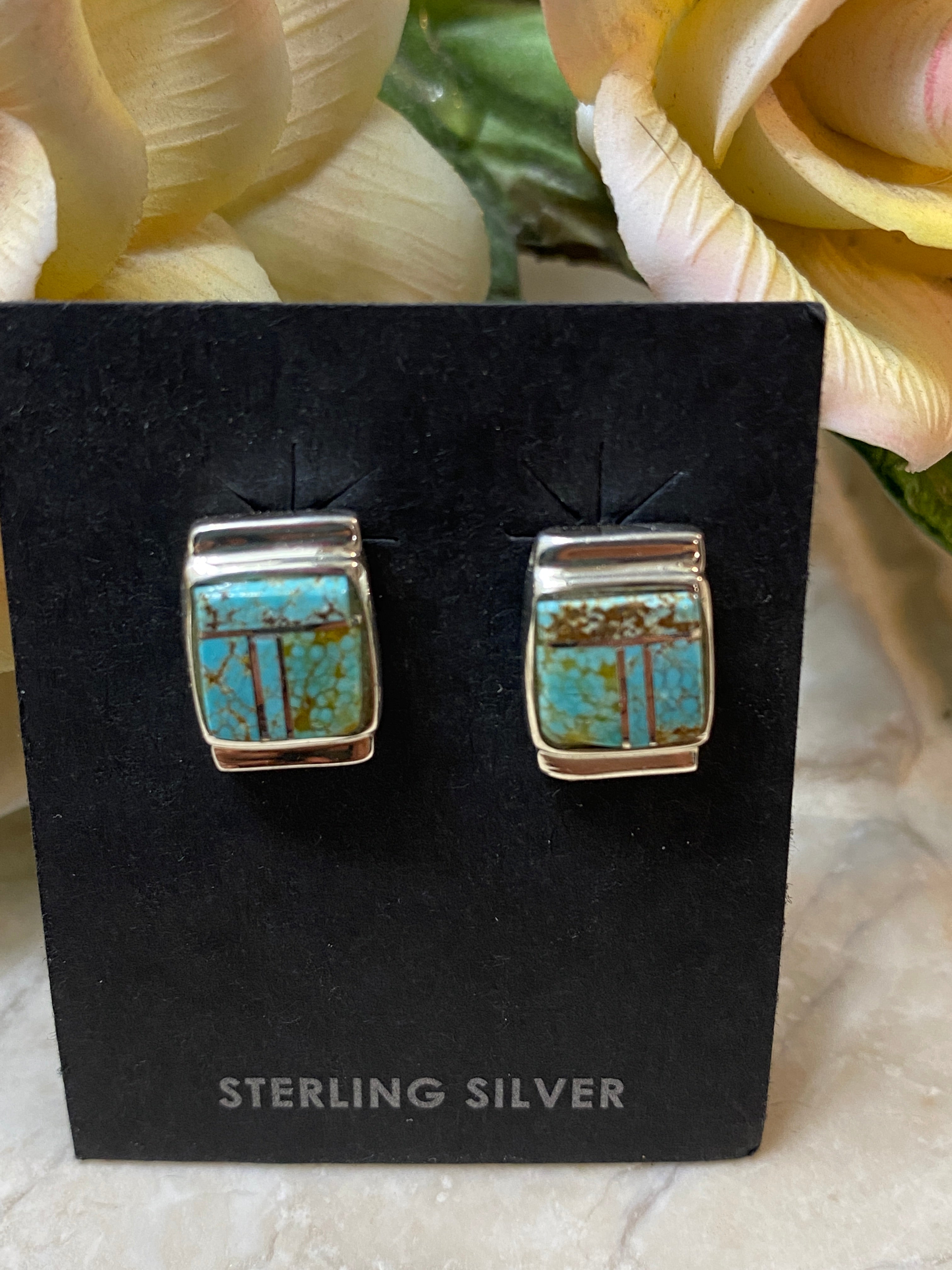 Navajo Turquoise 8 more matrix & Sterling Silver Rectangle Inlay Stud Earrings