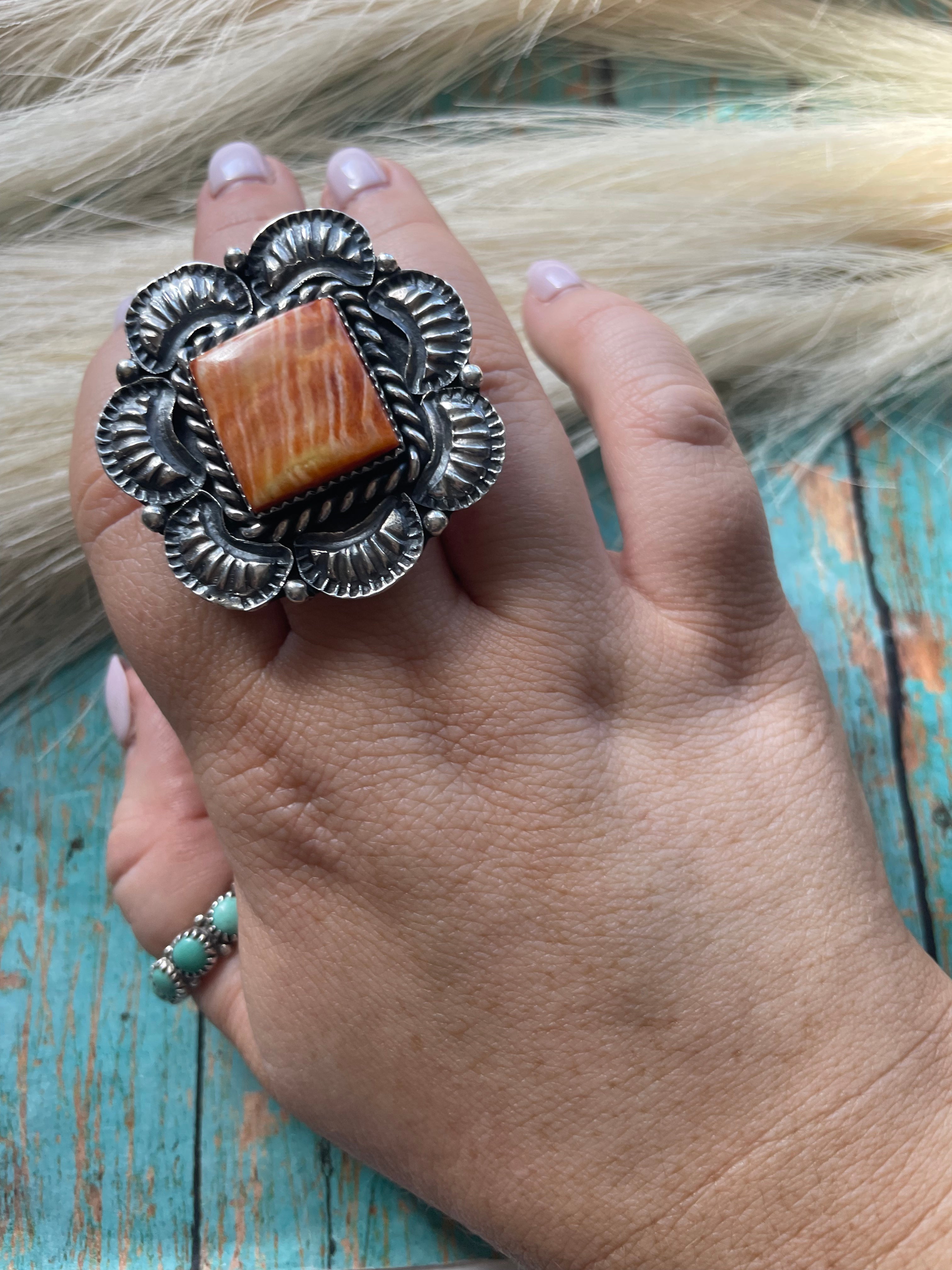 Kevin Billah Navajo Sterling & Orange Spiny Flower Ring Adjustable