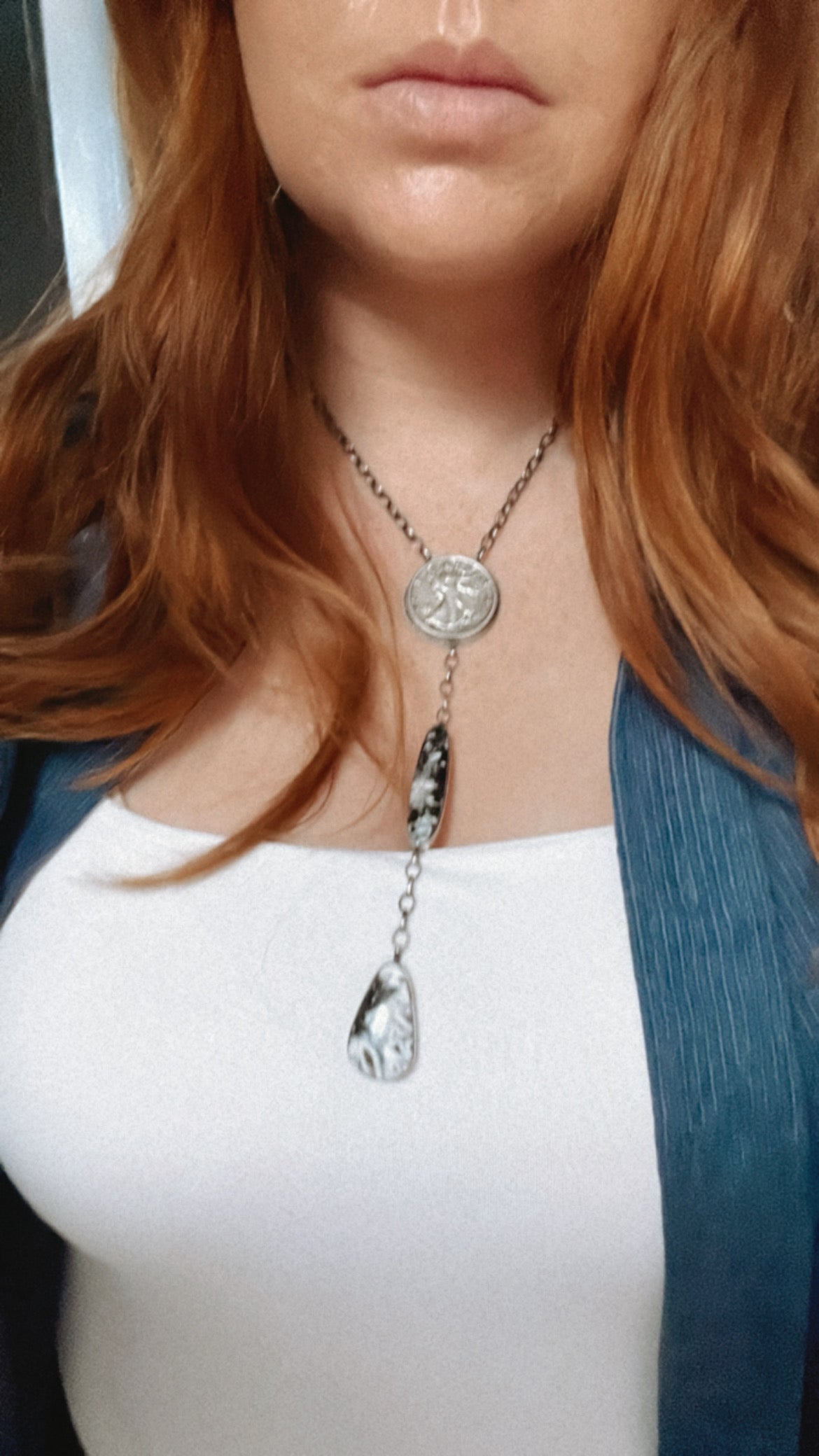 Navajo Liberty Sterling Silver & White Buffalo Drop Necklace