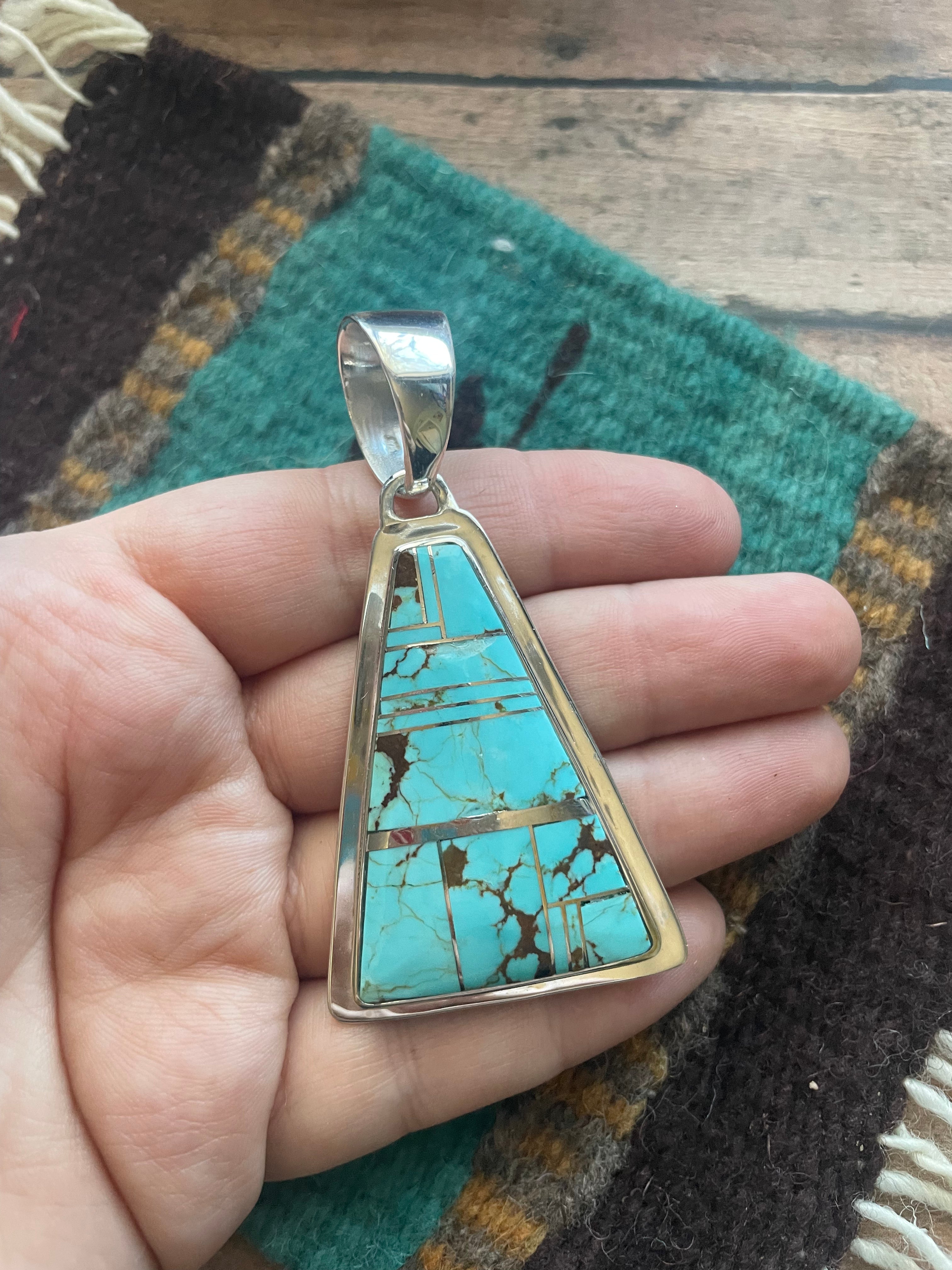 Navajo Number 8 Turquoise Inlay & Sterling Silver Triangle Pendant