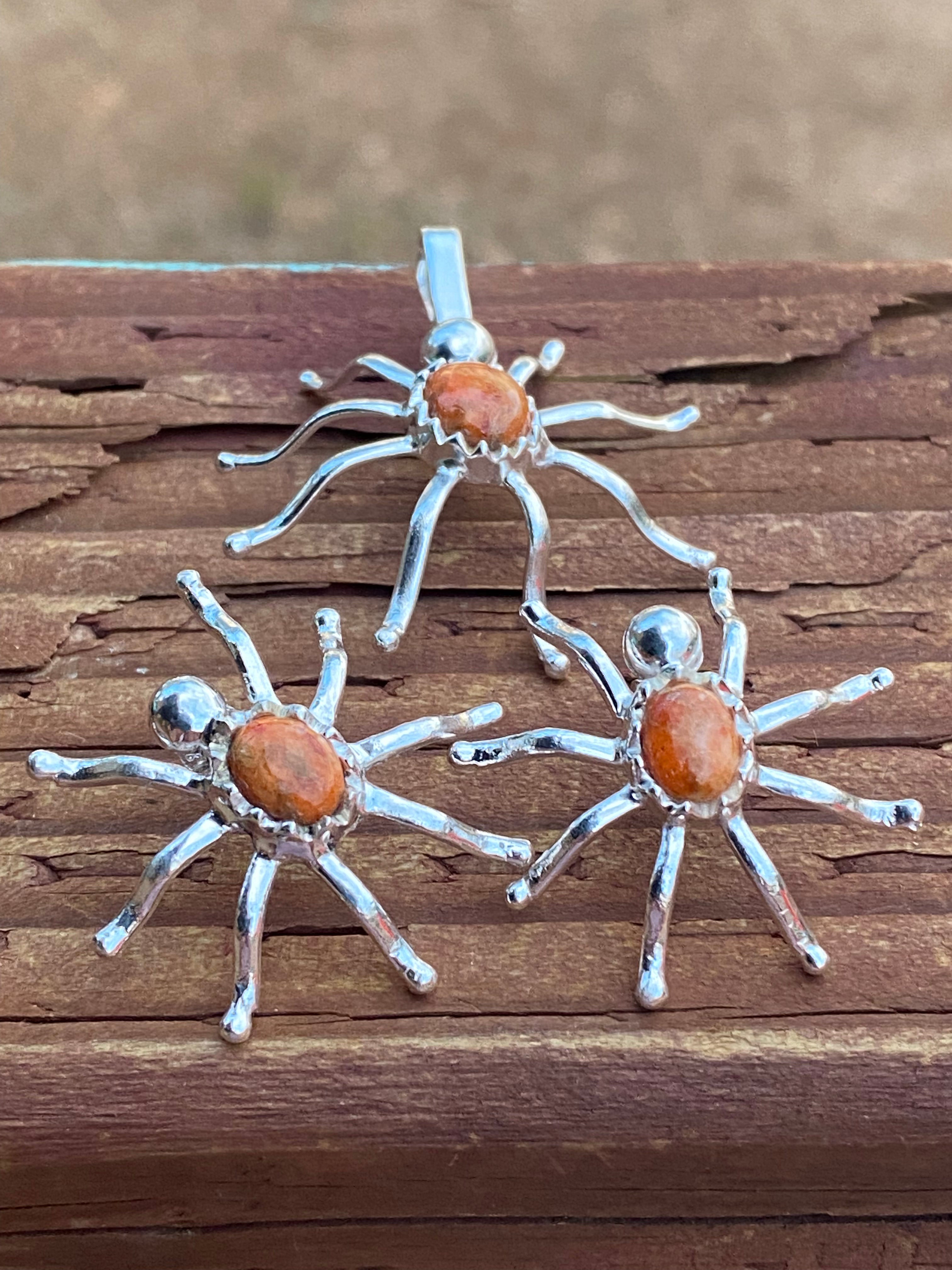 Natural Orange Mojave & Sterling Silver Spider Pendant