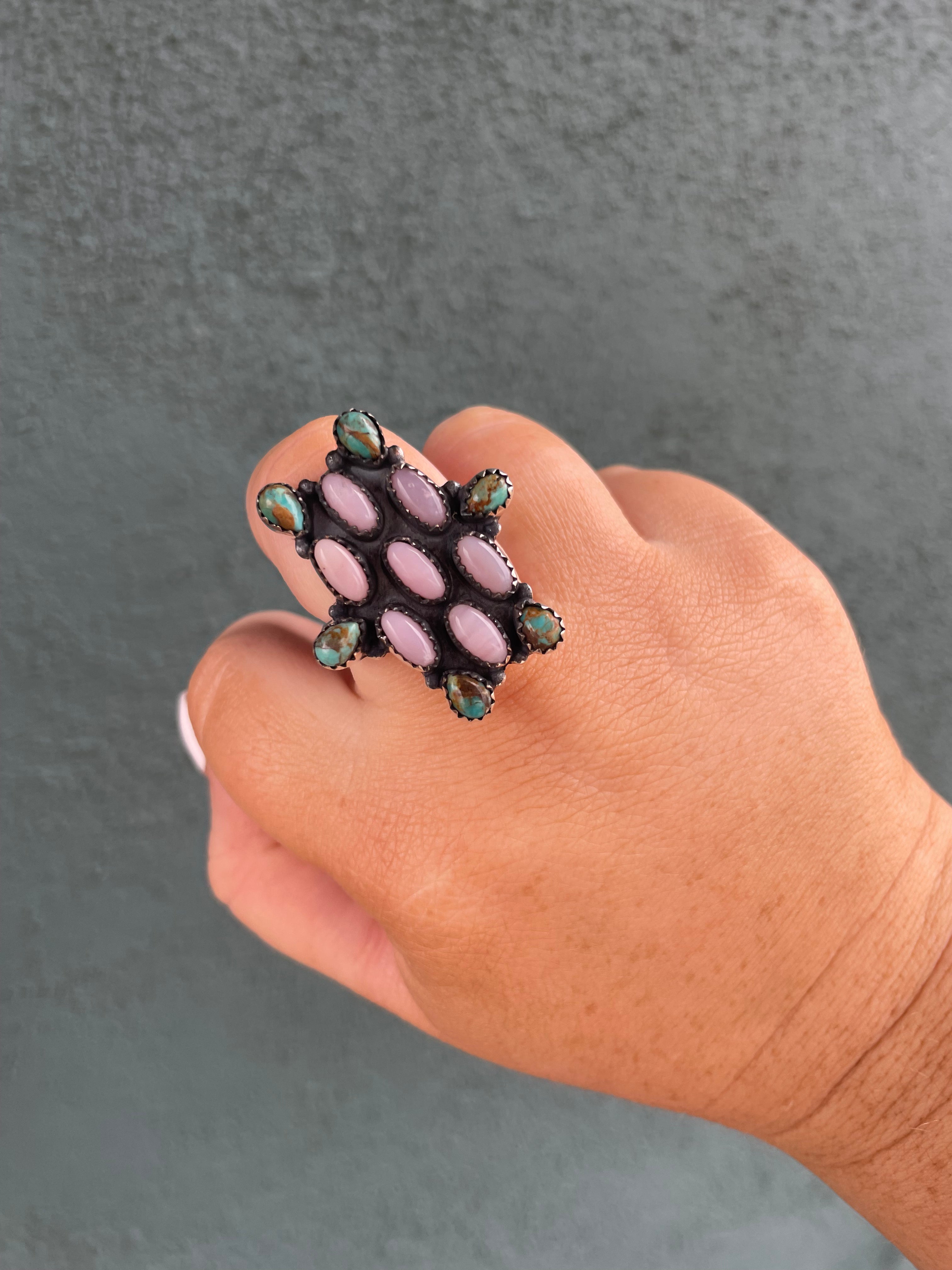 Handmade Sterling Silver, Pink Opal & Turquoise Ring Signed Nizhoni