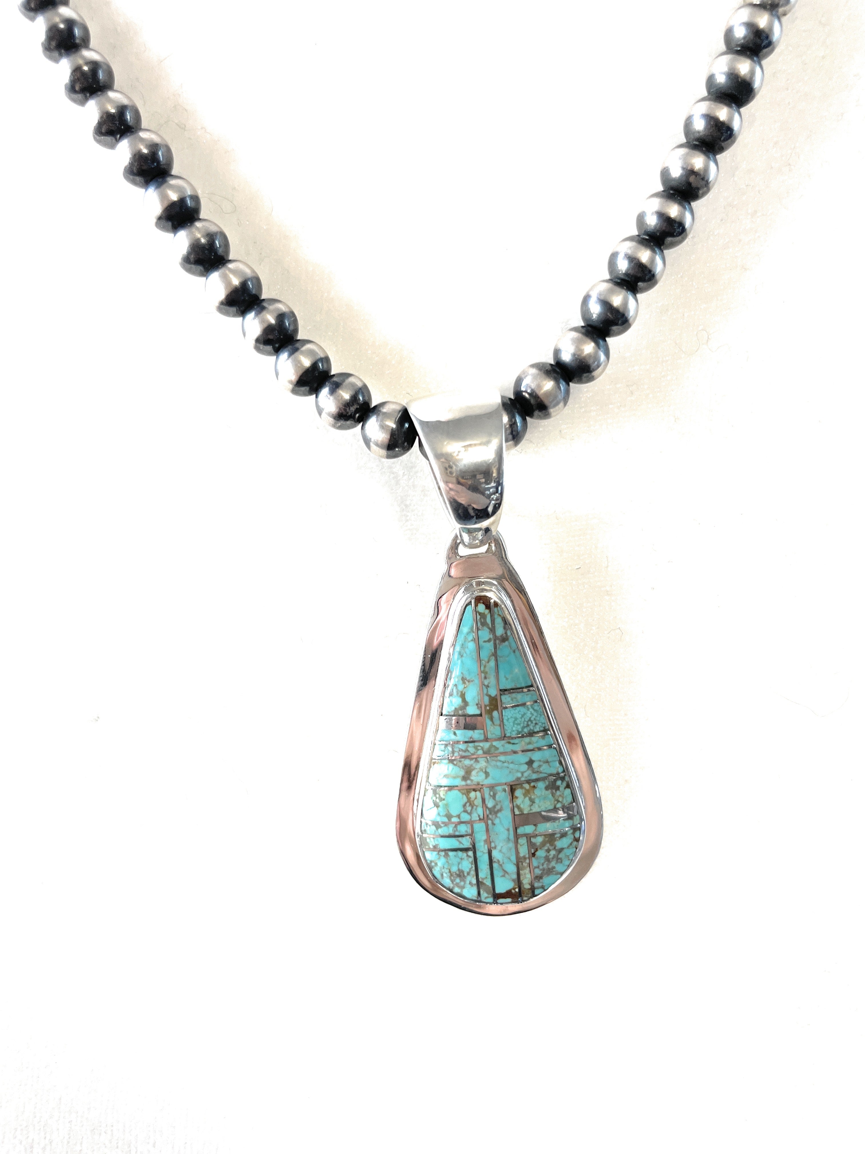 Navajo Number 8 Turquoise Inlay & Sterling Silver Pendant Signed