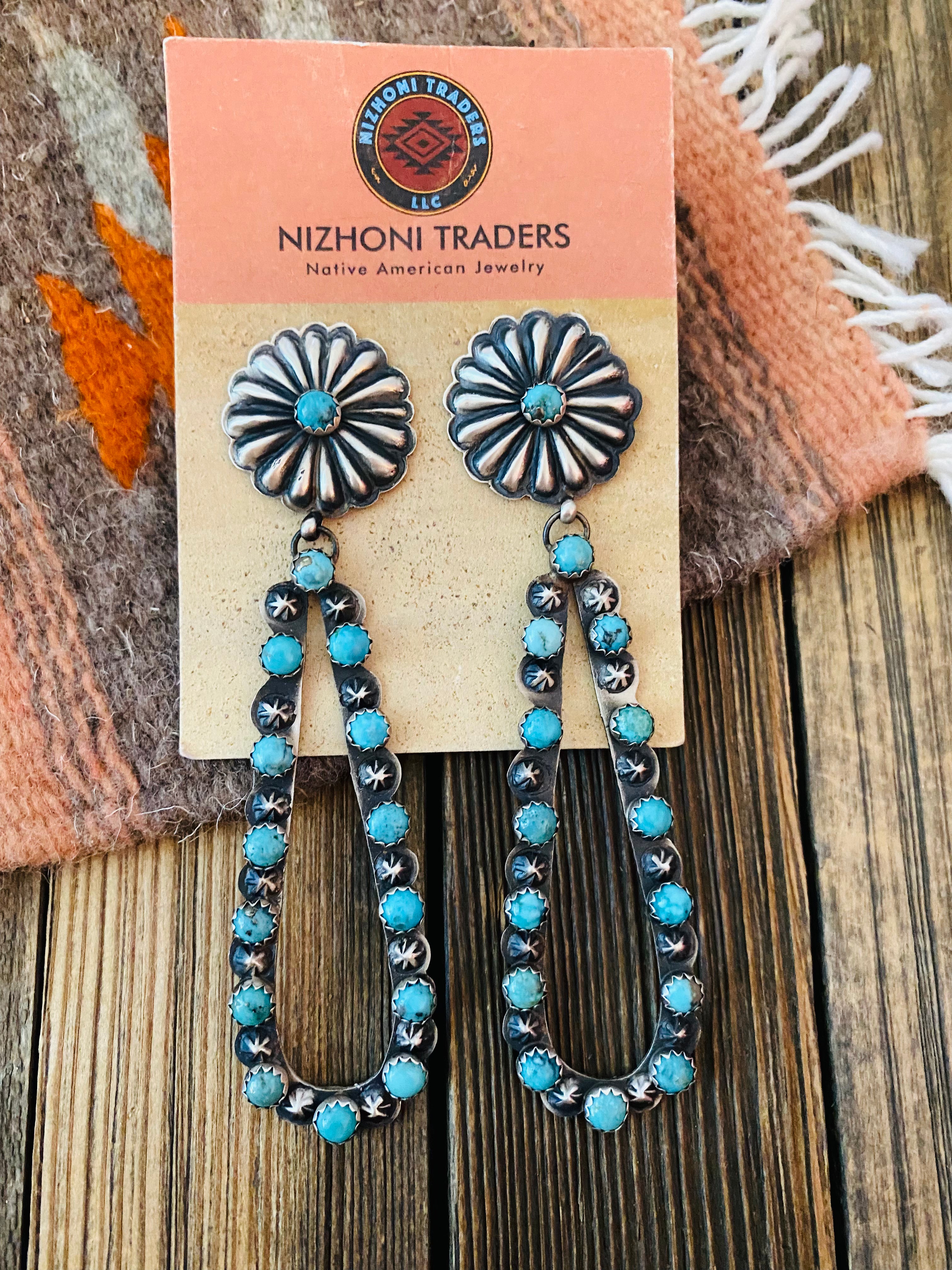 Navajo Sterling Silver & Turquoise Concho Dangle Earrings By Eugene Charley