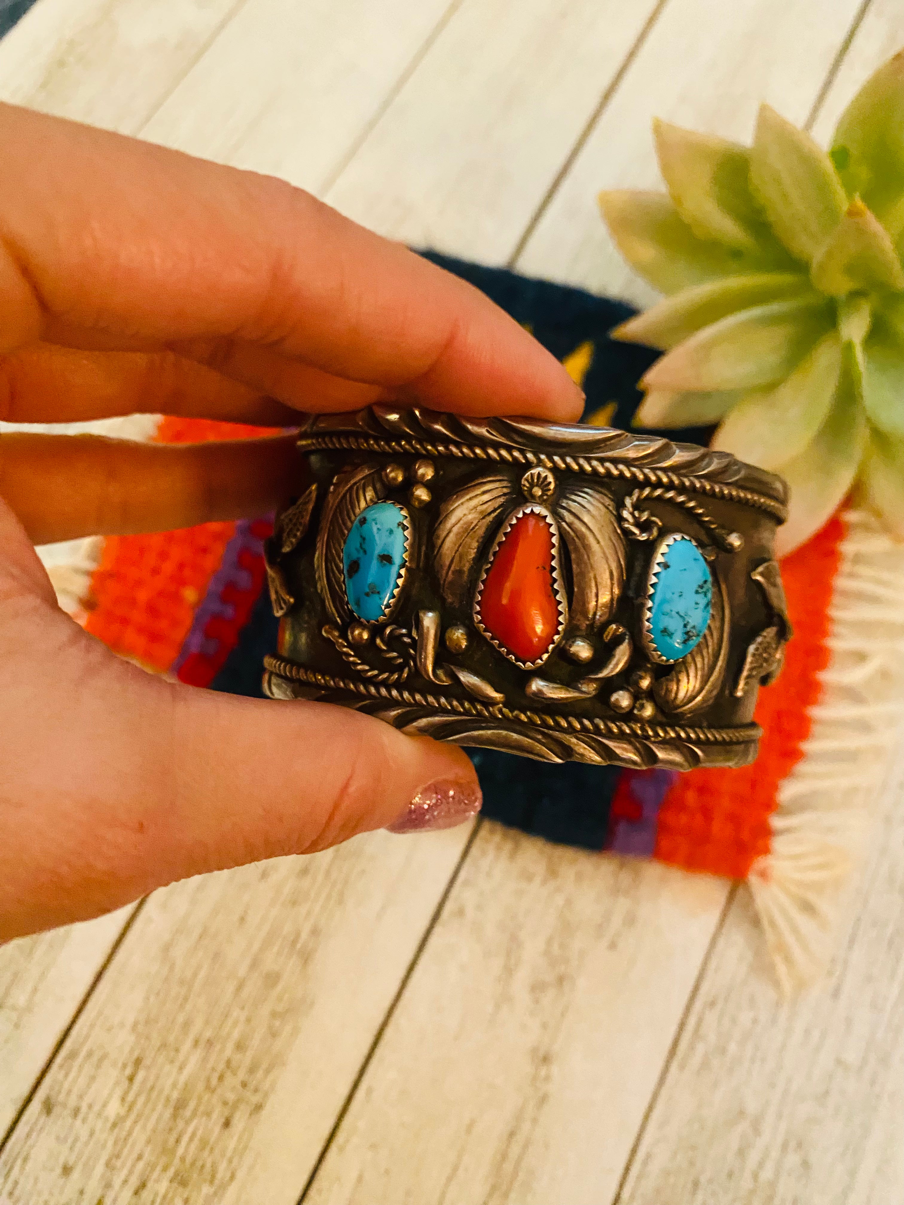 Navajo Old Pawn Vintage Turquoise, Coral & Sterling Silver Cuff Bracelet