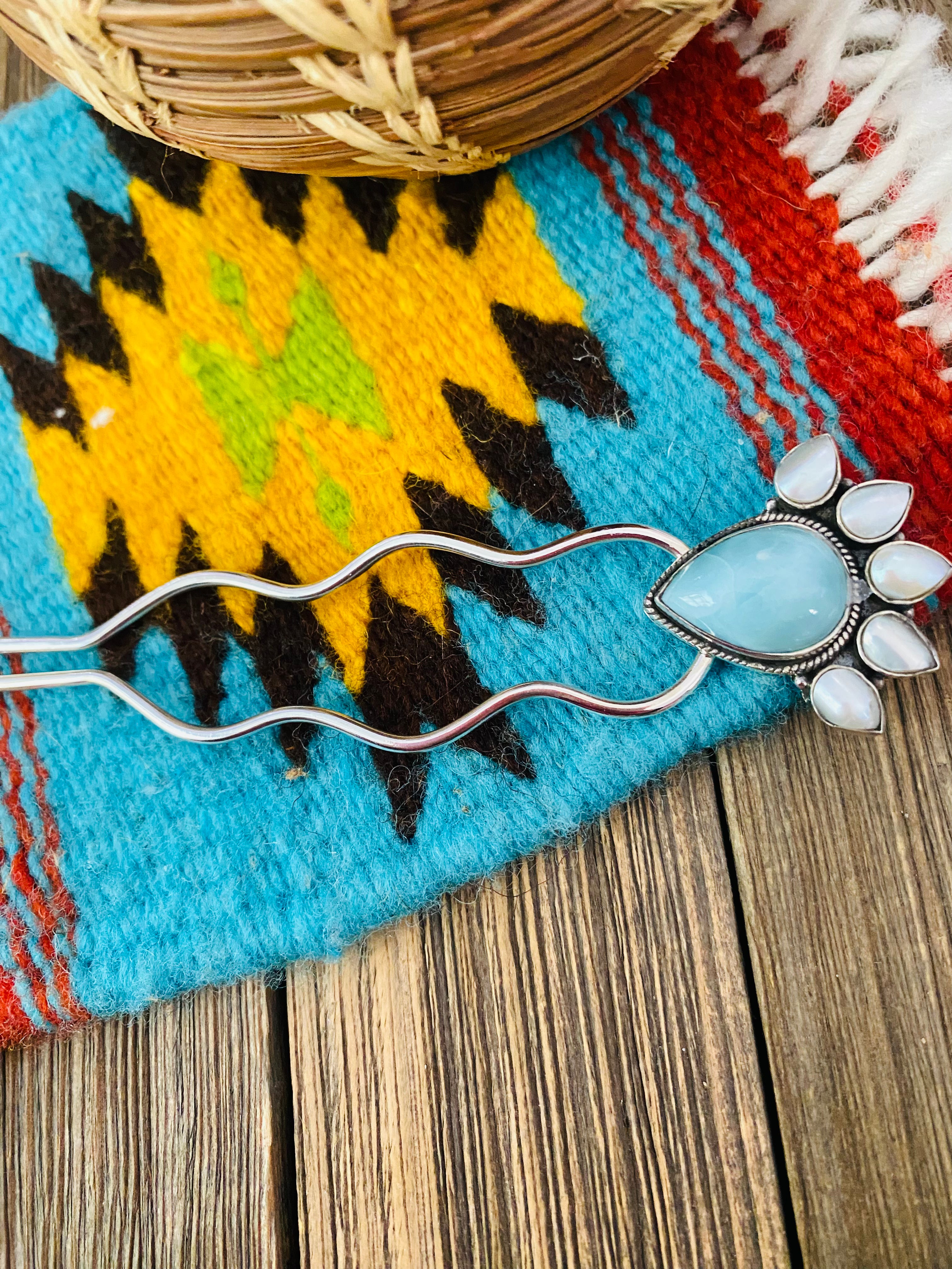 Handmade Larimar, Pearl & Sterling Silver Hair Pin