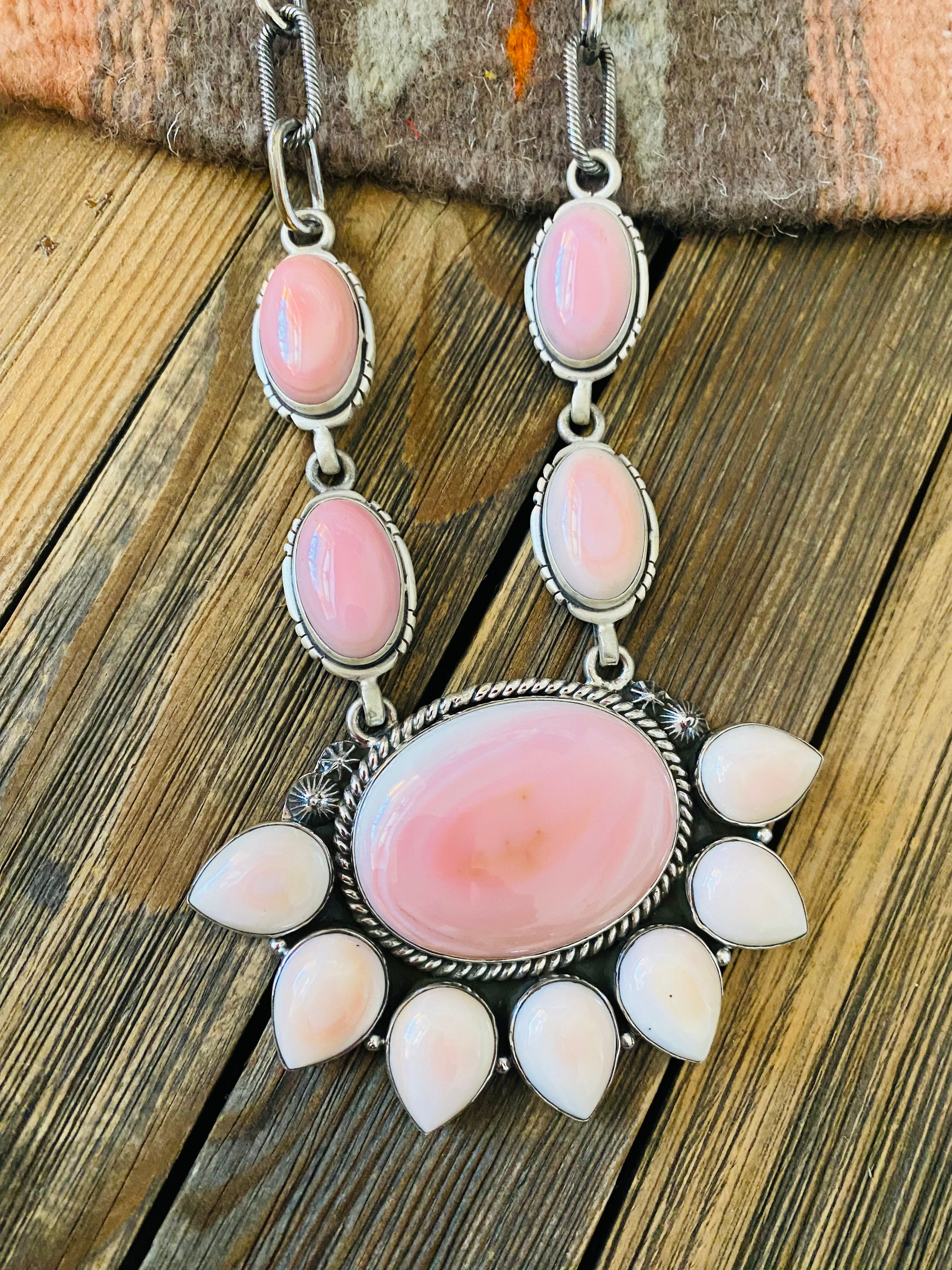 Navajo Queen Pink Conch Shell And Sterling Silver Cluster Necklace