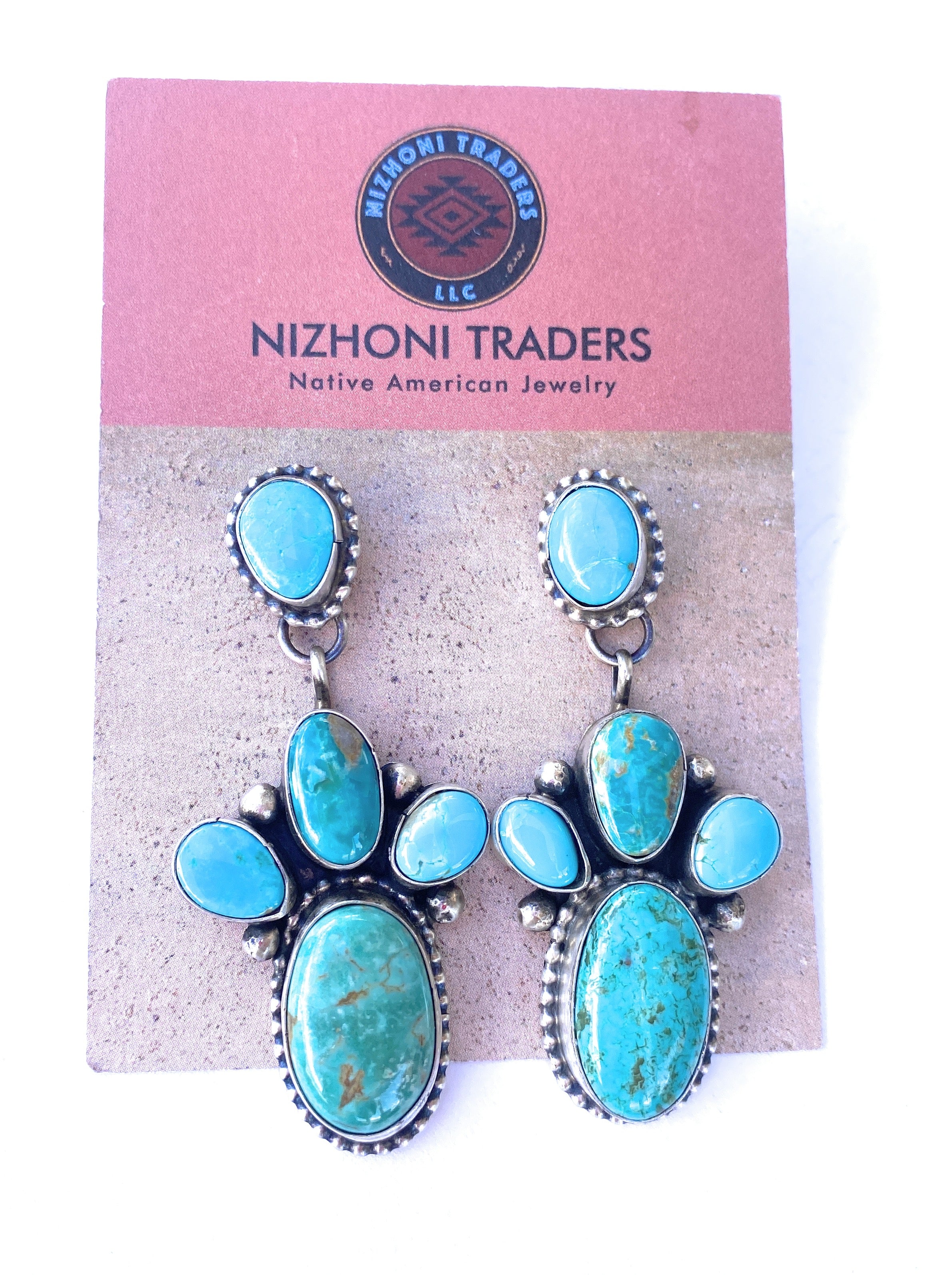 Navajo Multi Turquoise & Sterling Silver Cluster Dangle Earrings