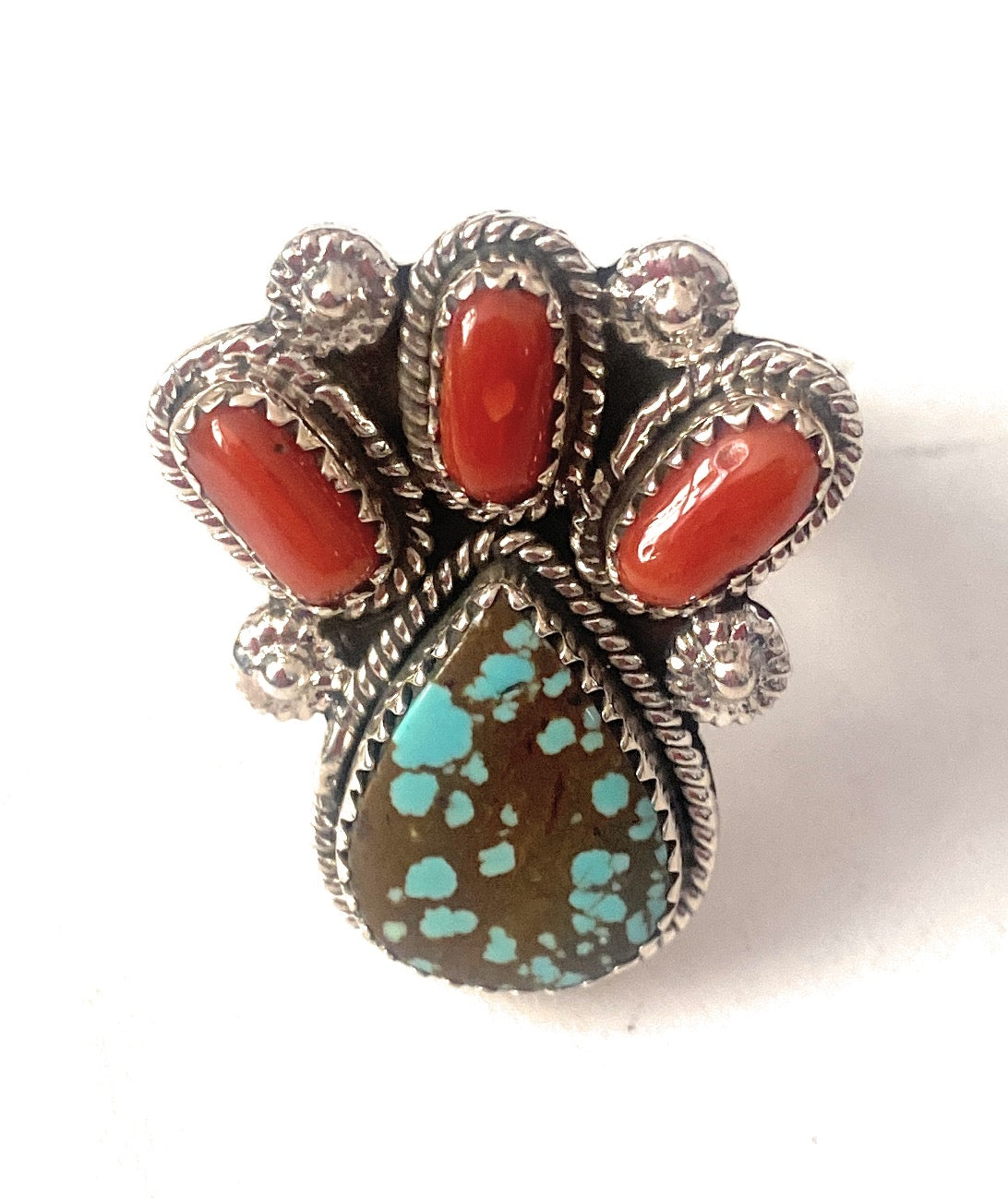 Handmade Sterling Silver, Coral & Number 8 Turquoise Adjustable Ring