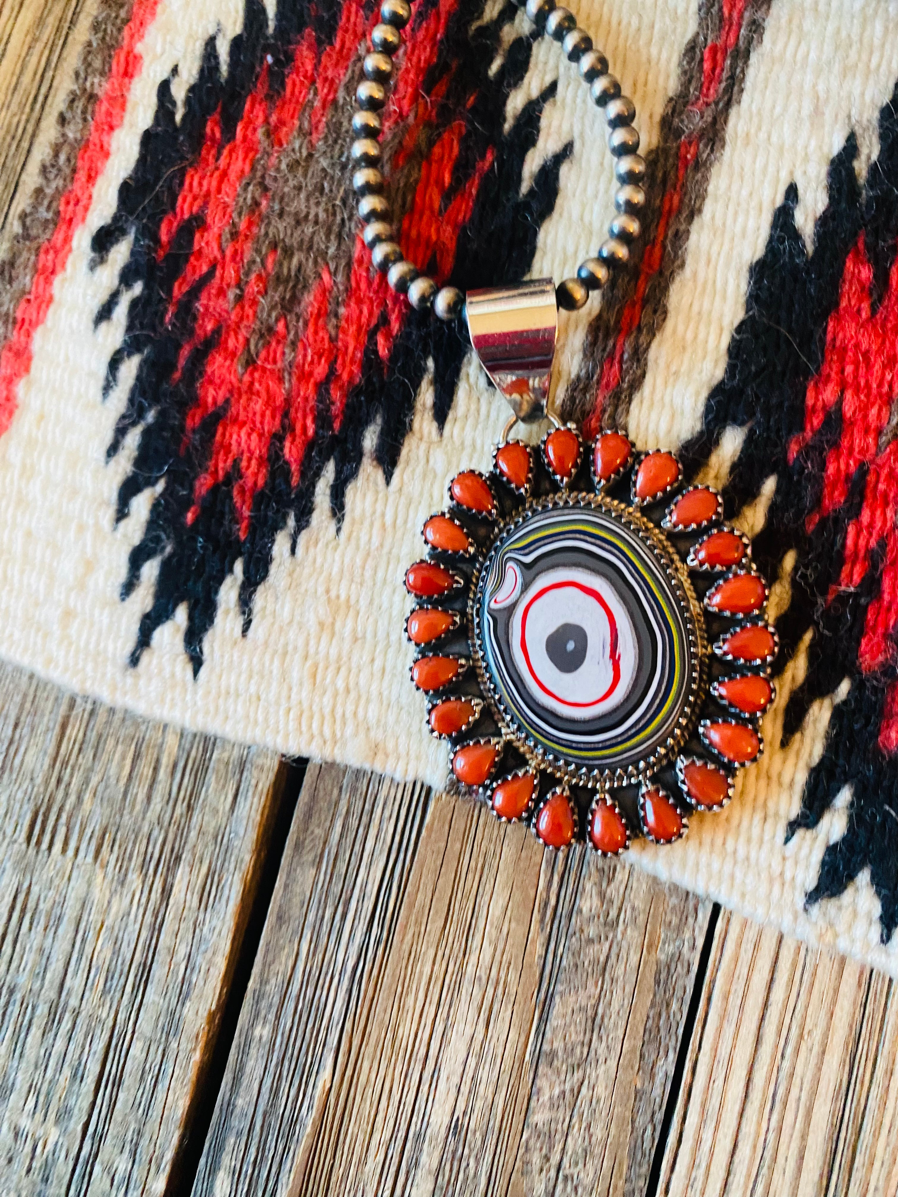 Handmade Sterling Silver, Fordite & Coral Cluster Pendant