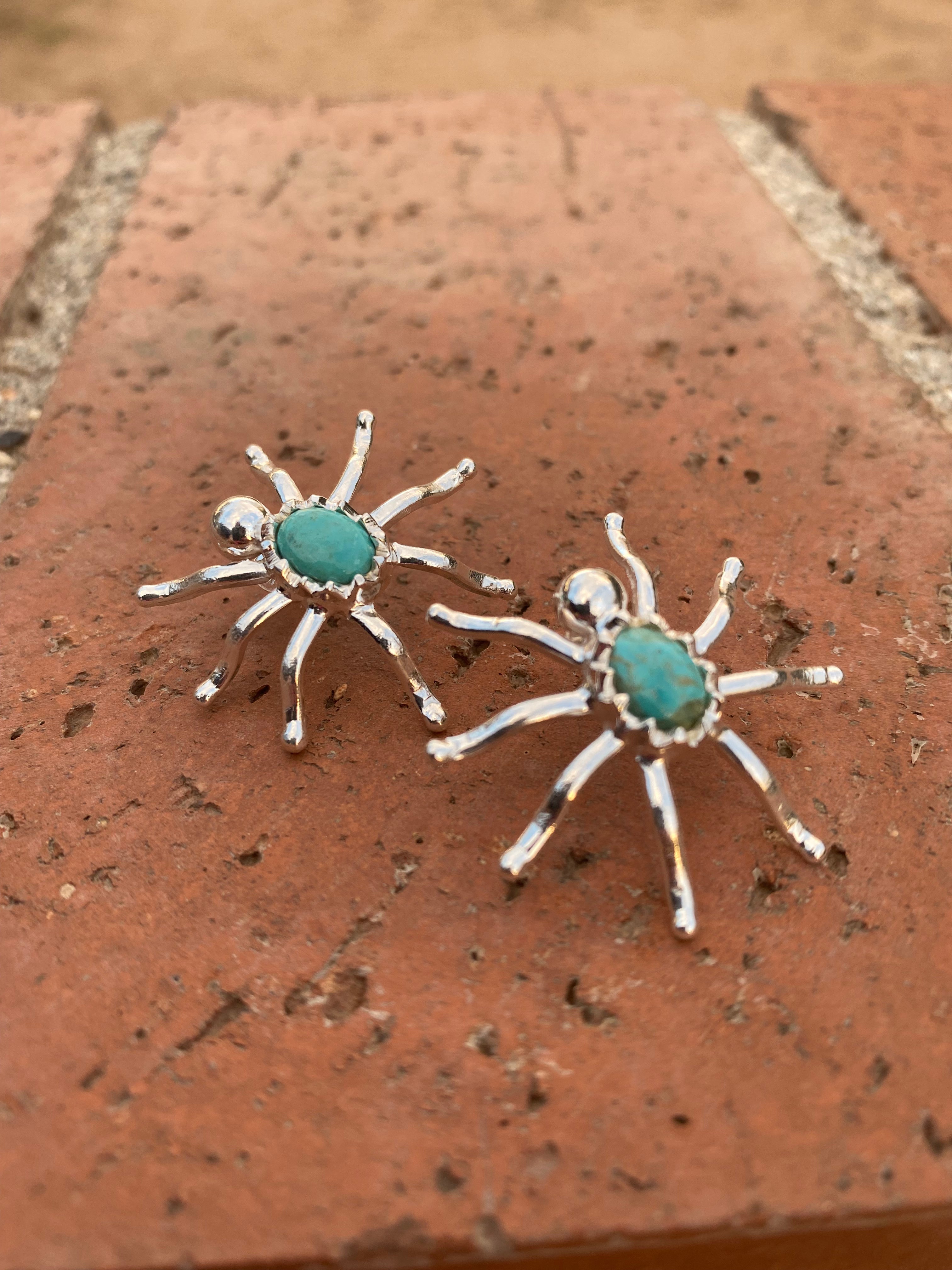 Natural Kingman Turquoise & Sterling Silver Spider Stud Earrings