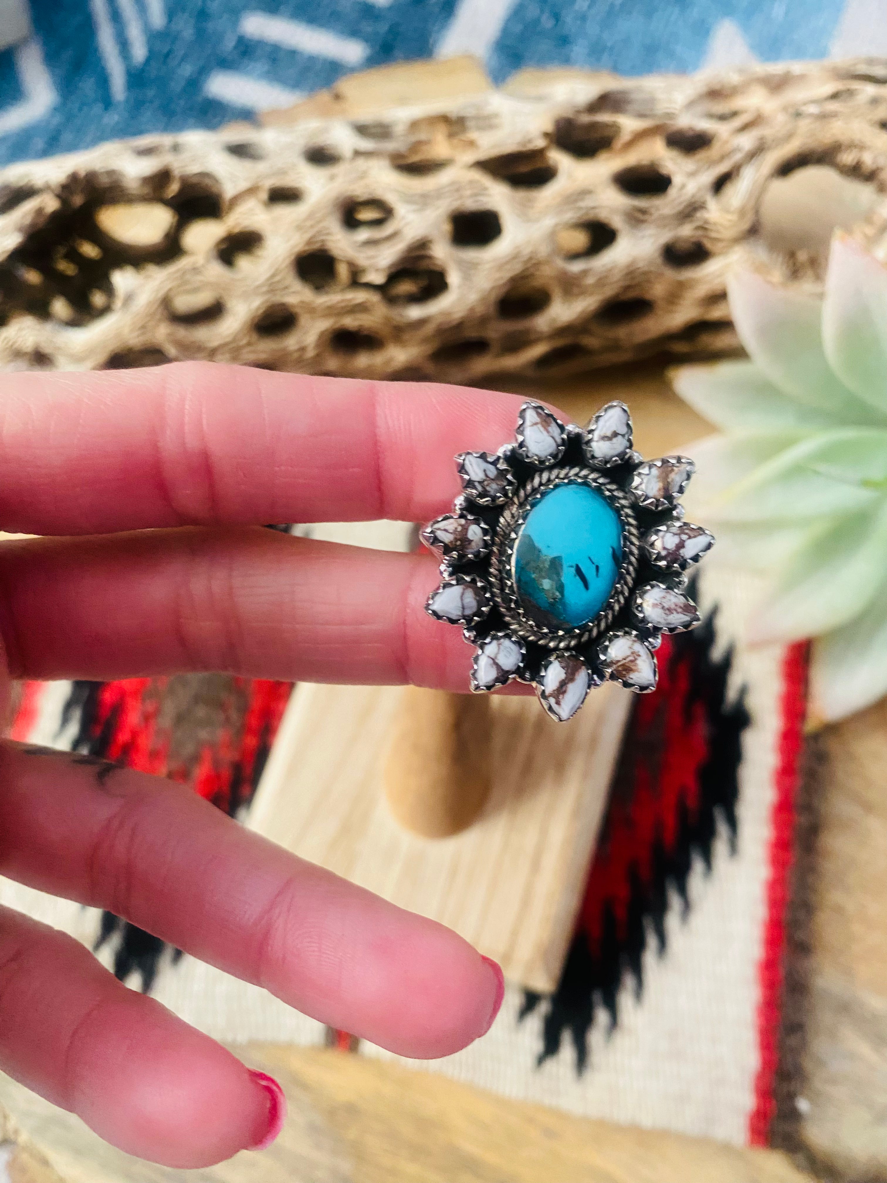 Handmade Sterling Silver, Wild Horse & Turquoise Cluster Adjustable Ring