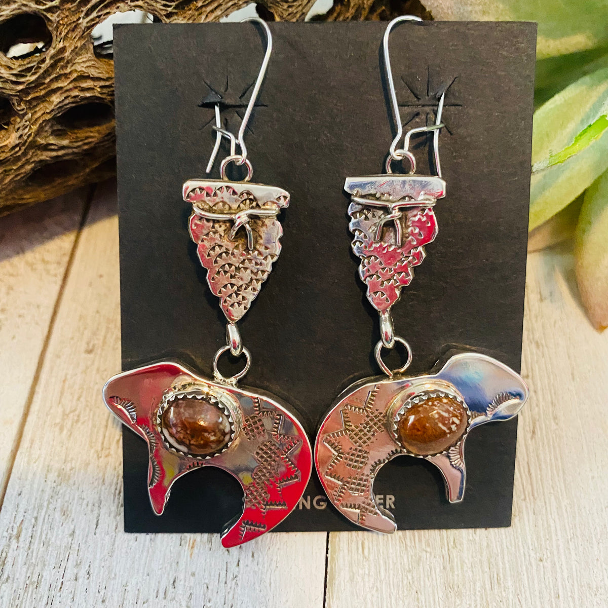 Navajo Wild Horse & Sterling Silver Fetish Bear Dangle Earrings