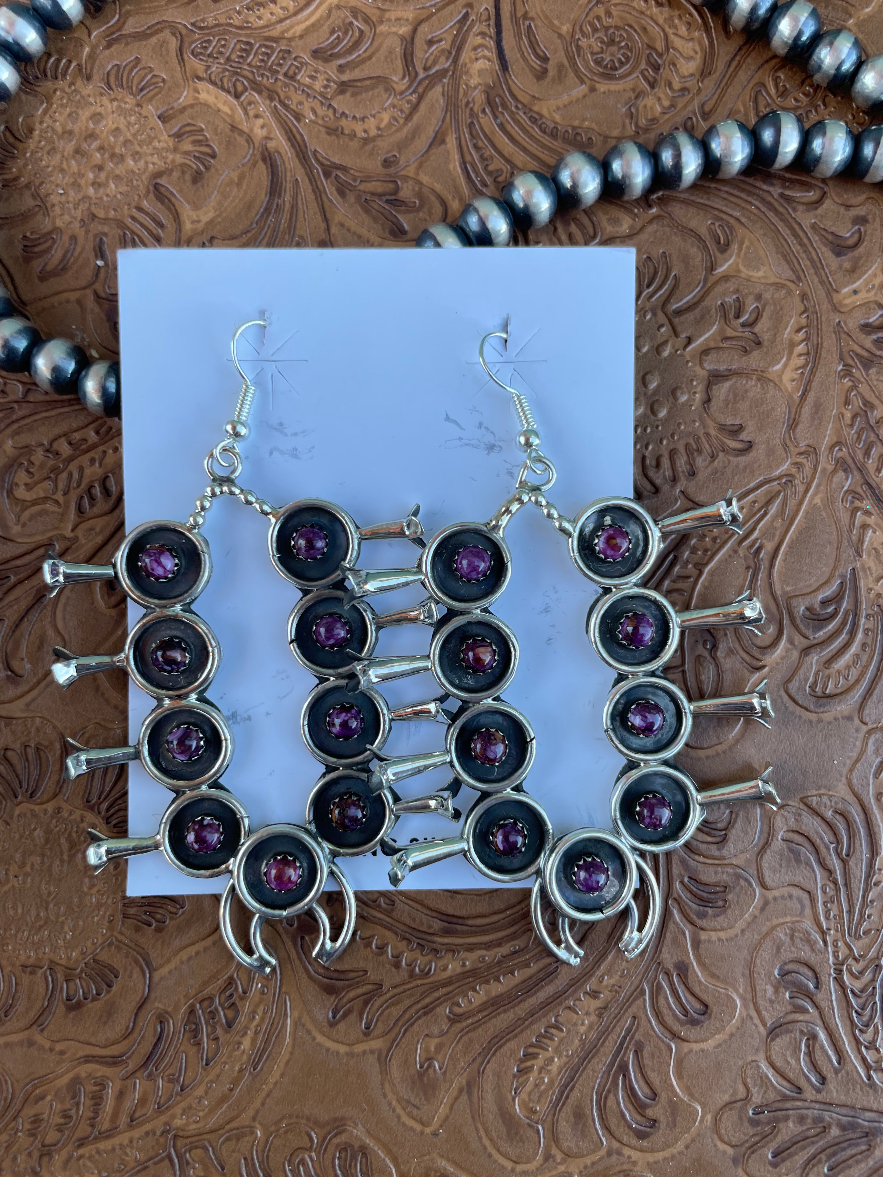 Navajo Purple Spiny and Sterling Silver Blossom Dangle Earrings