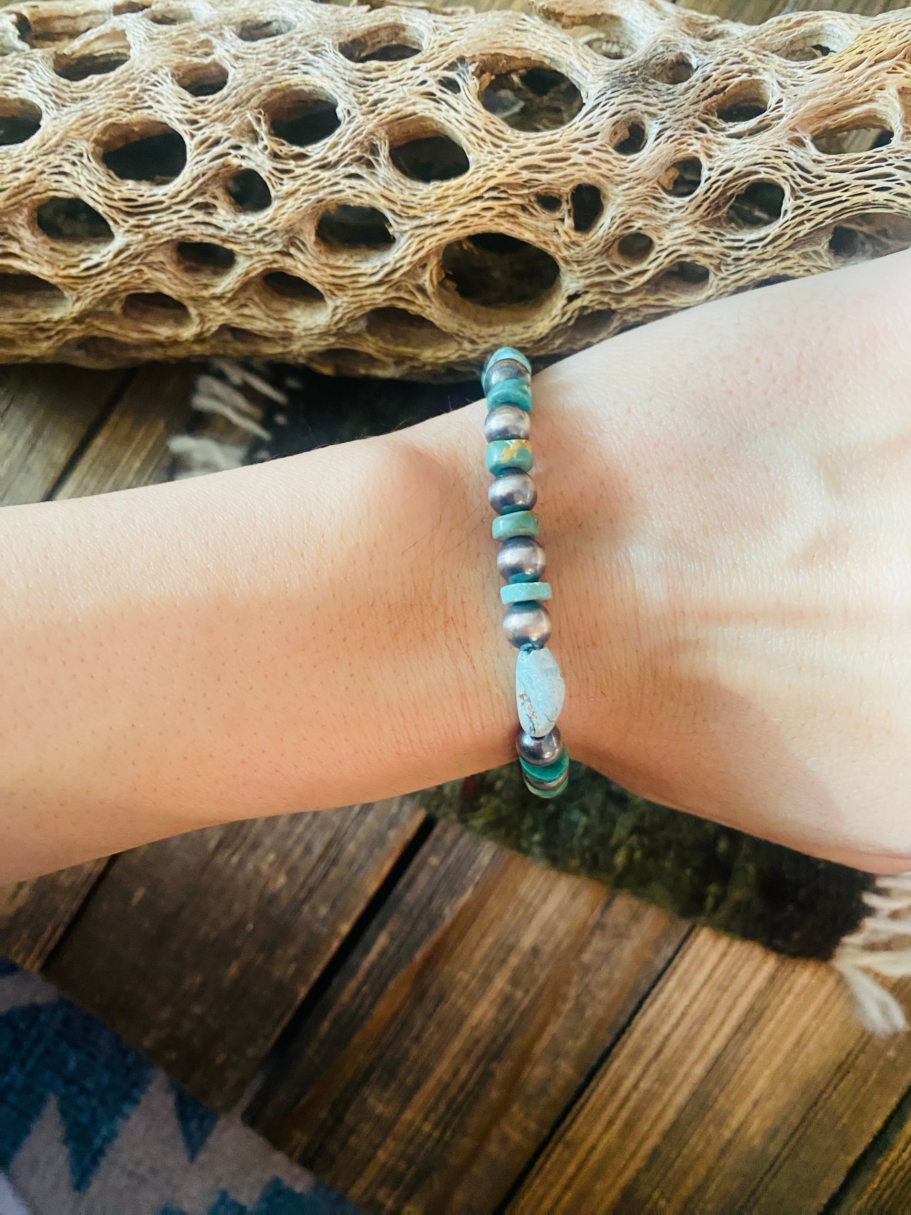 Handmade Turquoise & Sterling Silver Beaded Stretch Bracelet