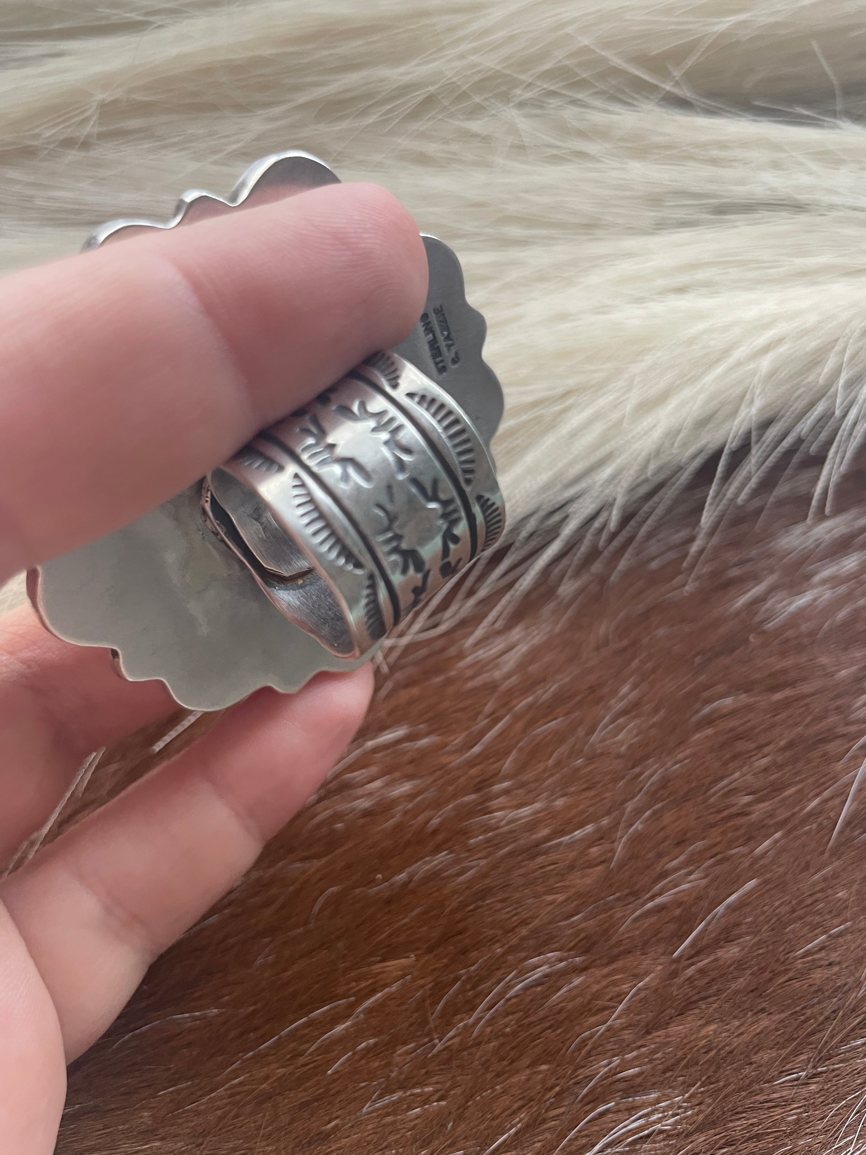 Navajo Sterling and Queen Pink Conch Shell Adjustable Statement Ring Signed C Yazzie