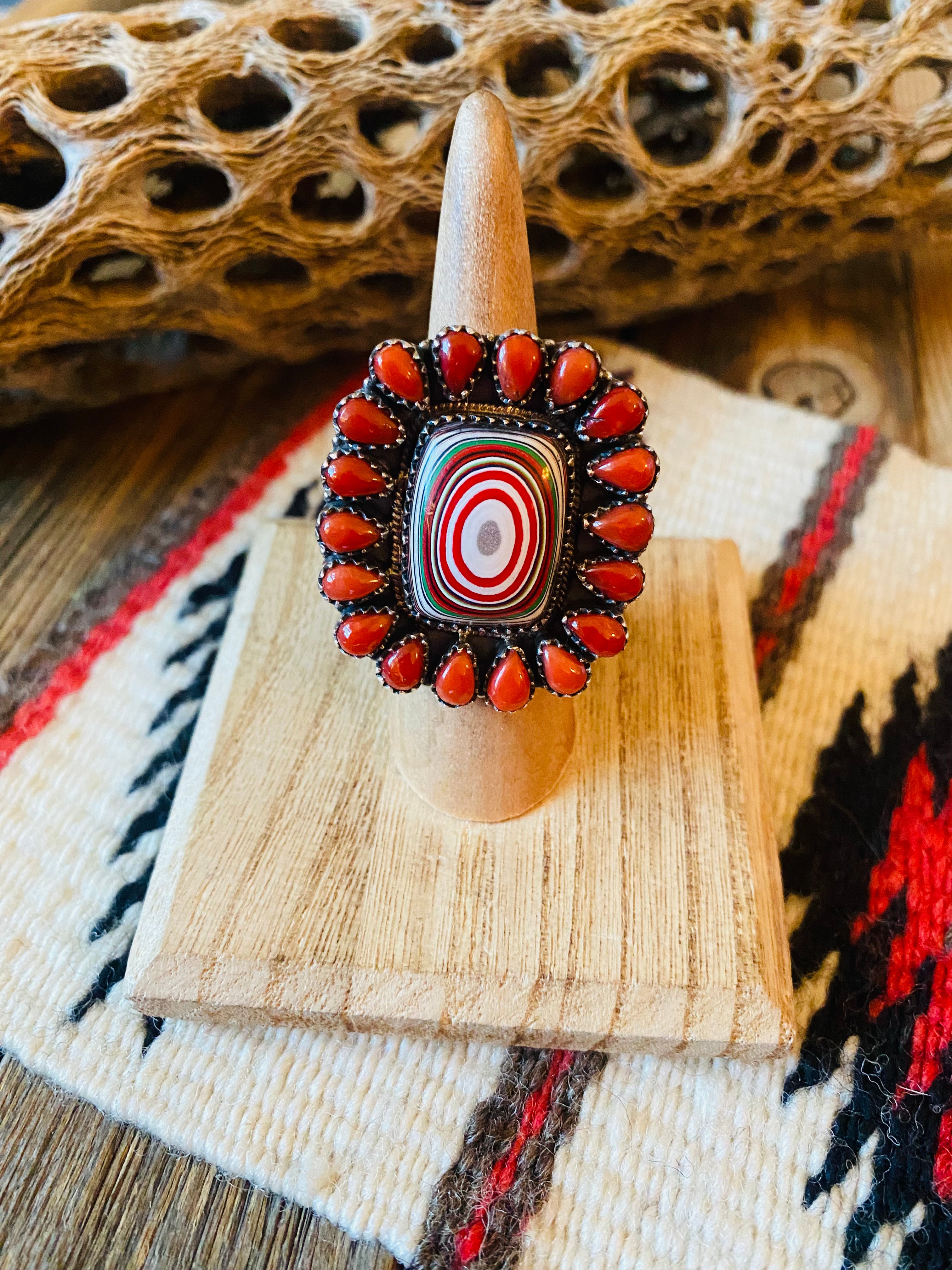 Handmade Sterling Silver, Fordite & Coral Cluster Adjustable Ring