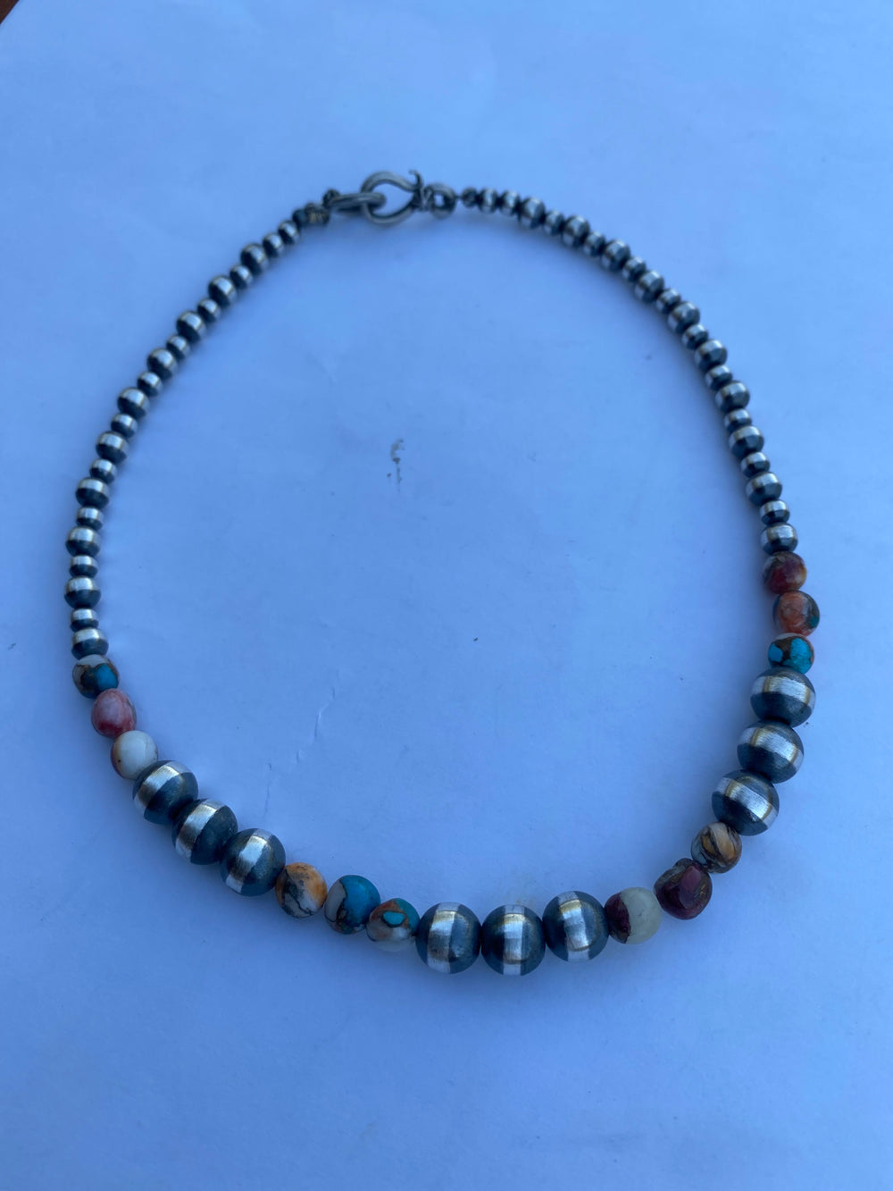 Handcrafted Turquoise & Spiny Spice Sterling Silver Beaded Necklace 14 inch