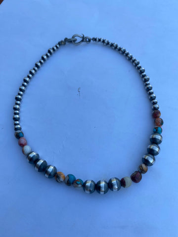 Handcrafted Turquoise & Spiny Spice Sterling Silver Beaded Necklace 14 inch