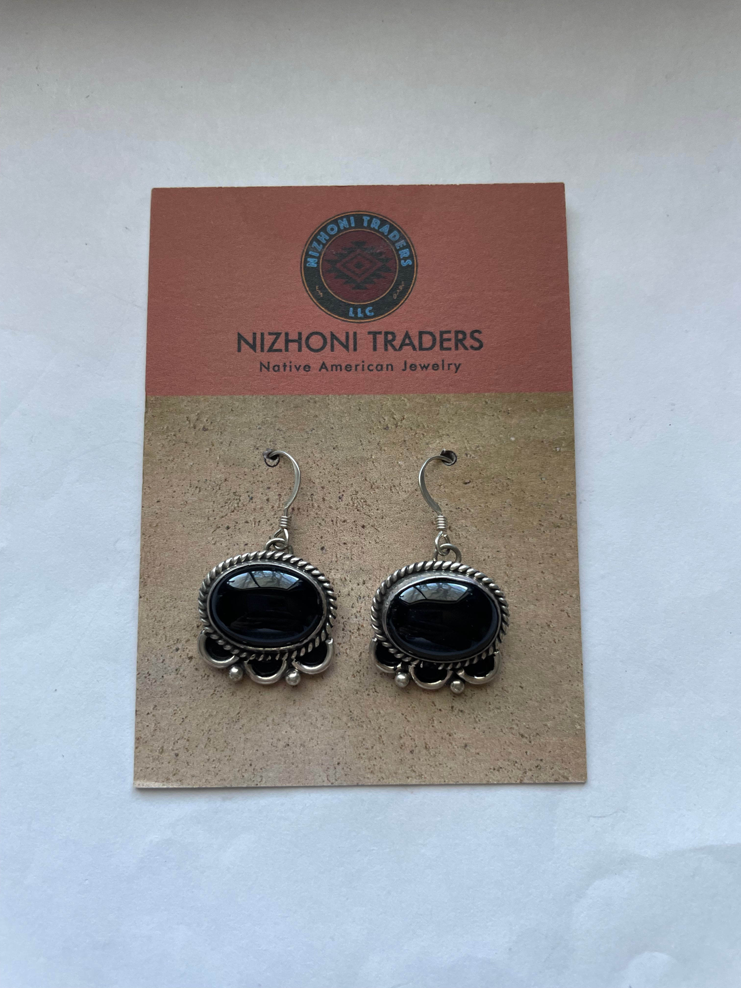 Beautiful Navajo Sterling Silver & Black Onyx Dangle Earrings Signed