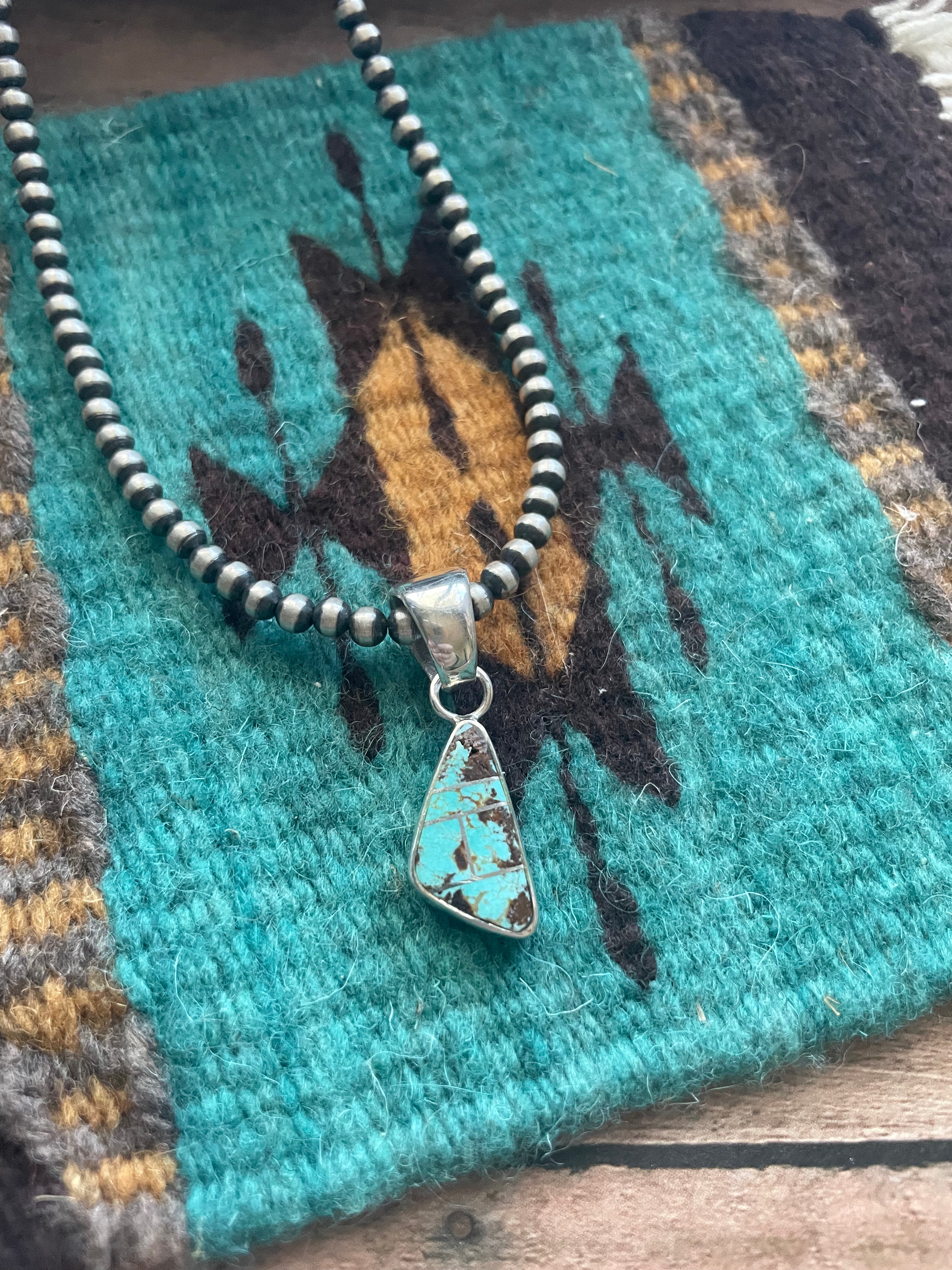 Navajo Number 8 Turquoise Inlay & Sterling Silver Pendant Signed