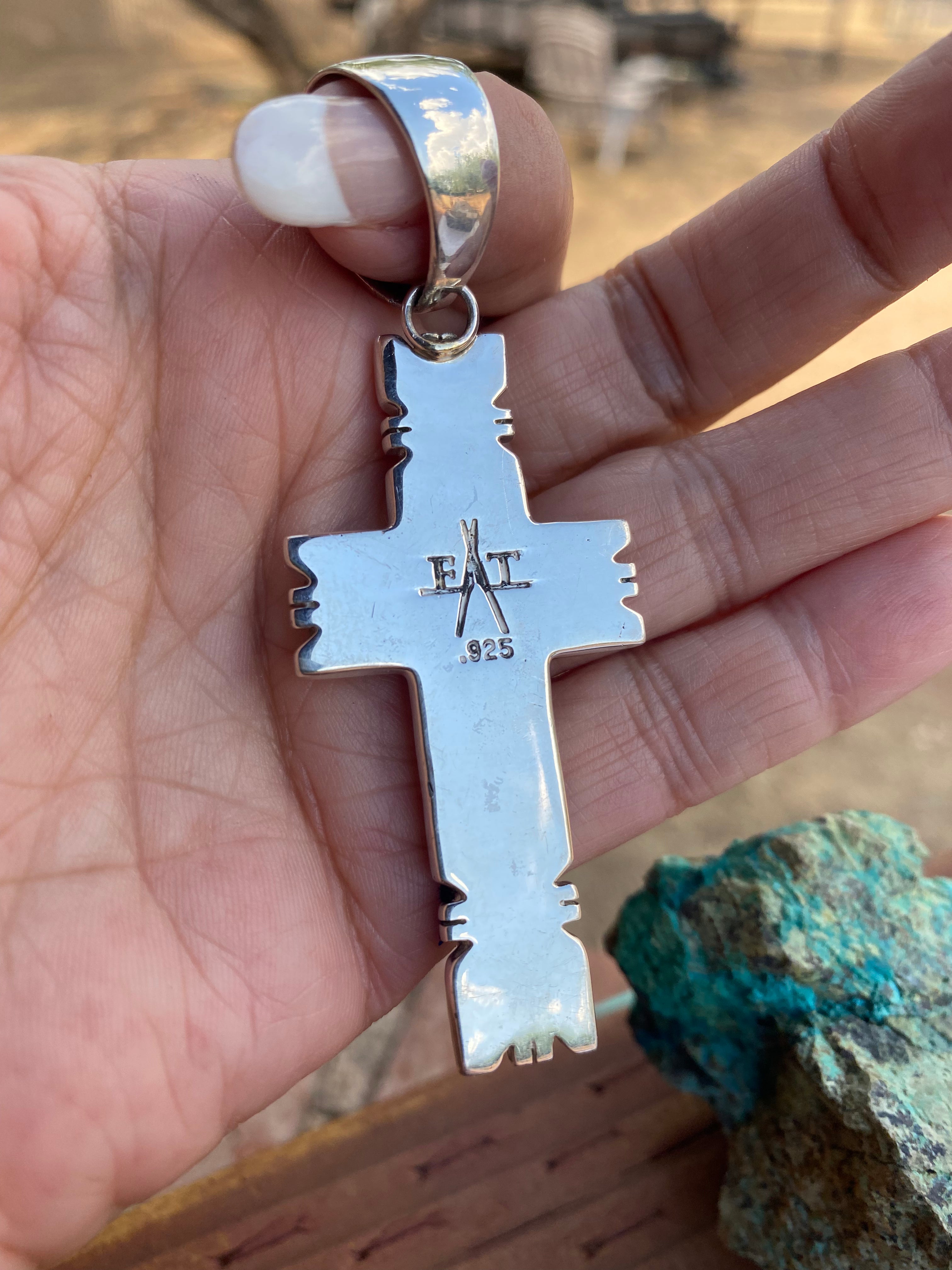 Natural Blue Moon Turquoise & Sterling Silver Navajo  Cross Pendant