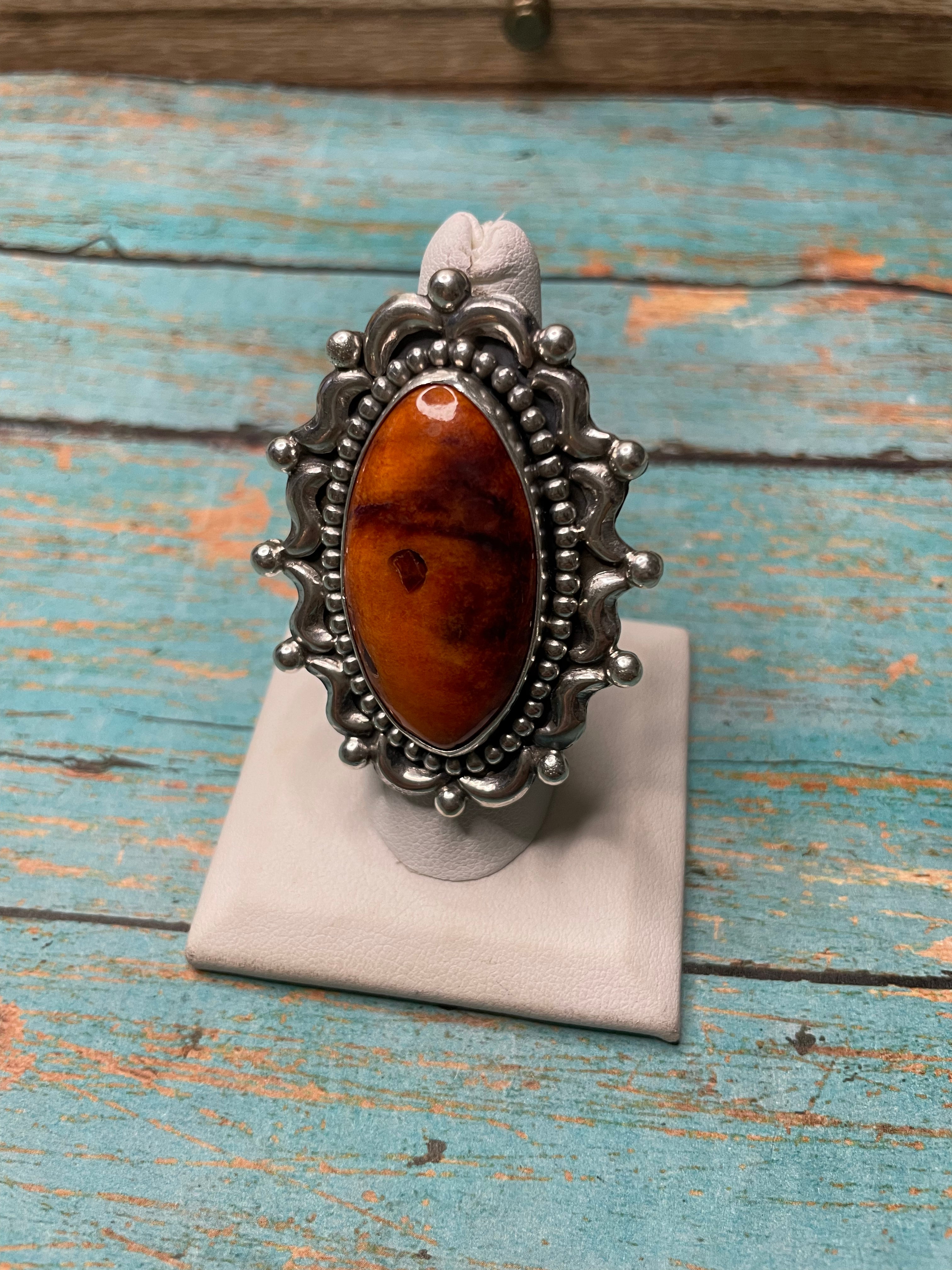 Navajo Orange Spiny Sterling Silver Adjustable Ring Signed