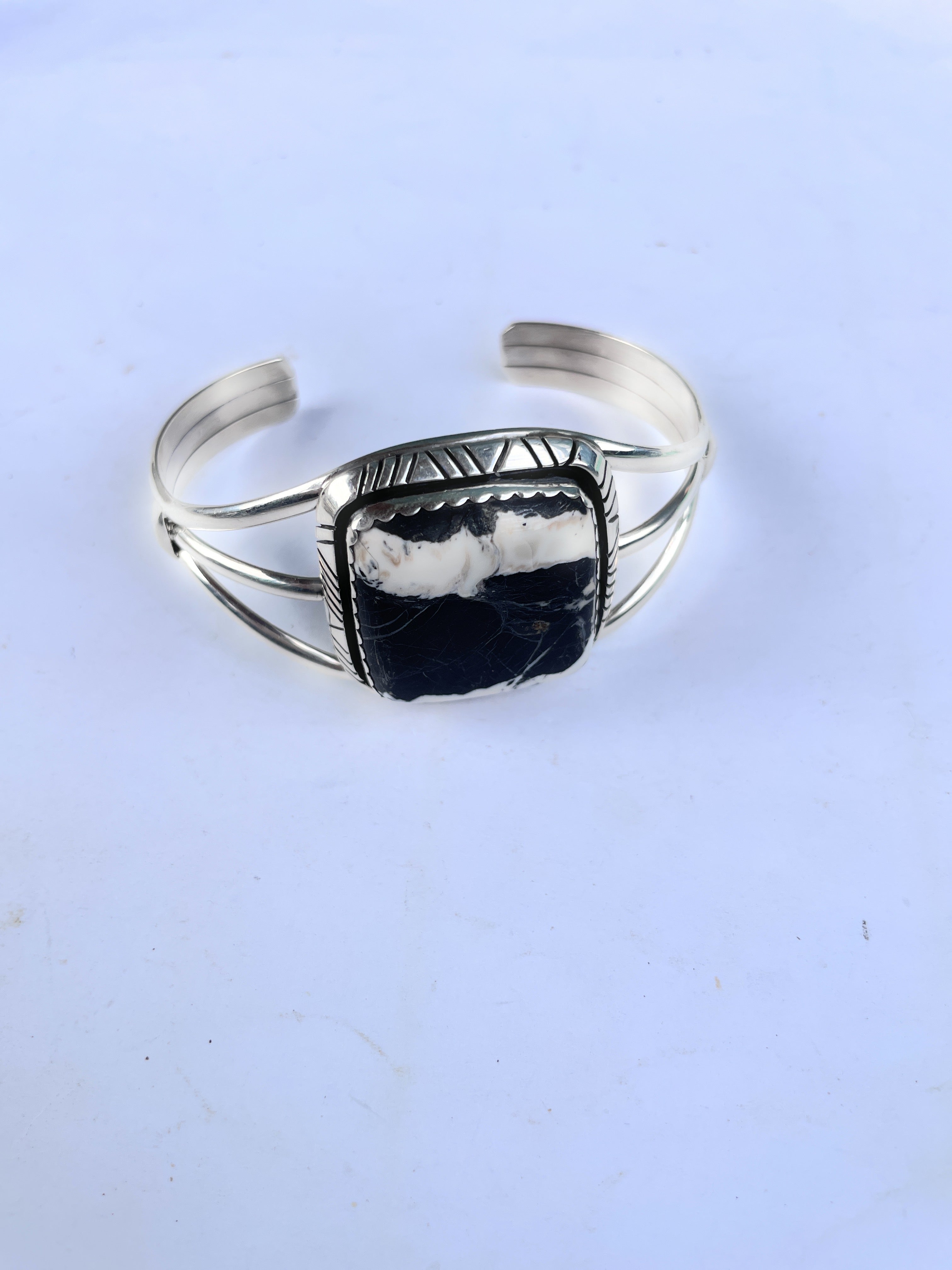 Navajo Sterling Silver And White Buffalo Adjustable Cuff Bracelet