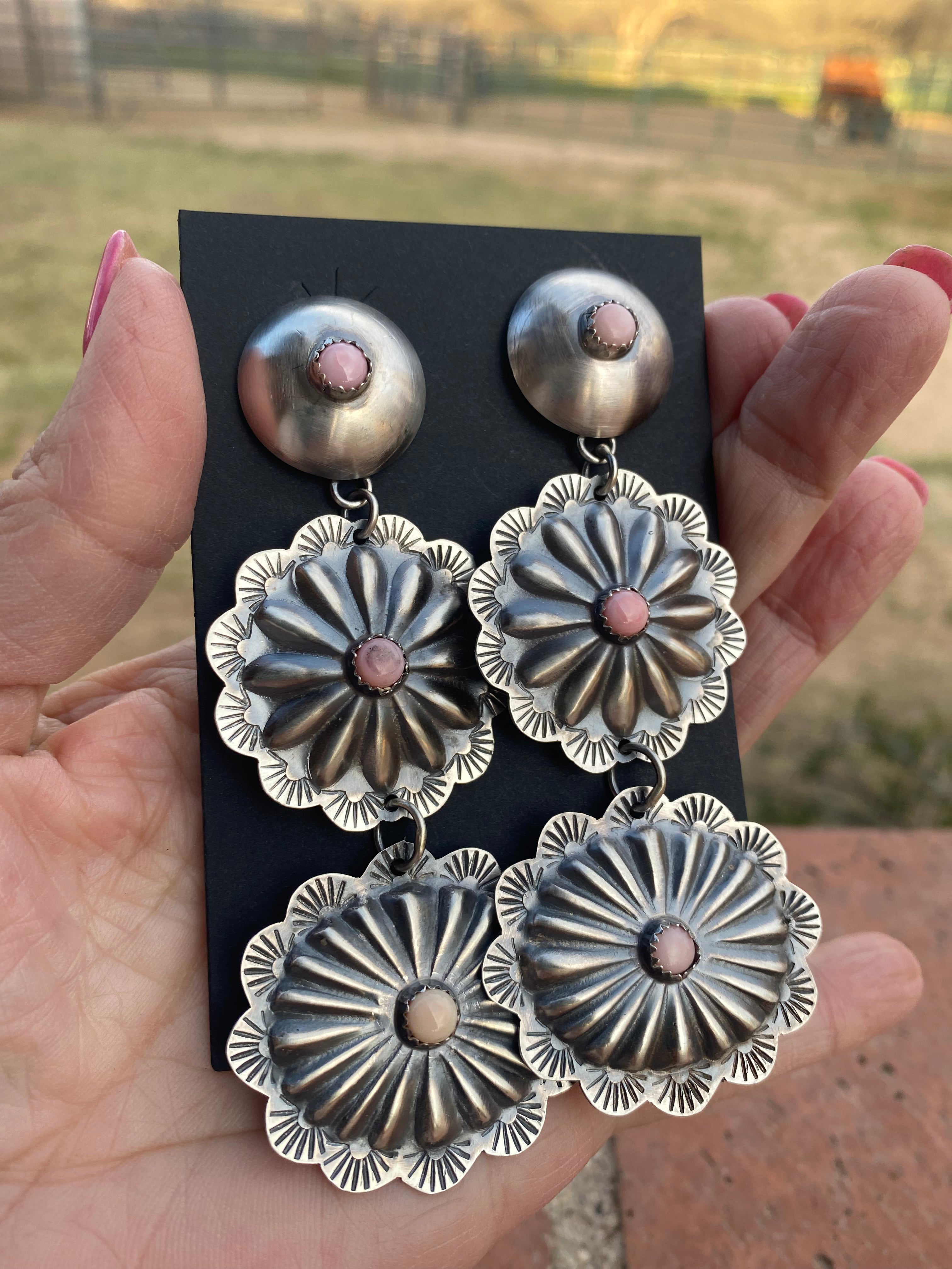 Navajo Concho Pink Conch and Sterling Silver Round Dangles