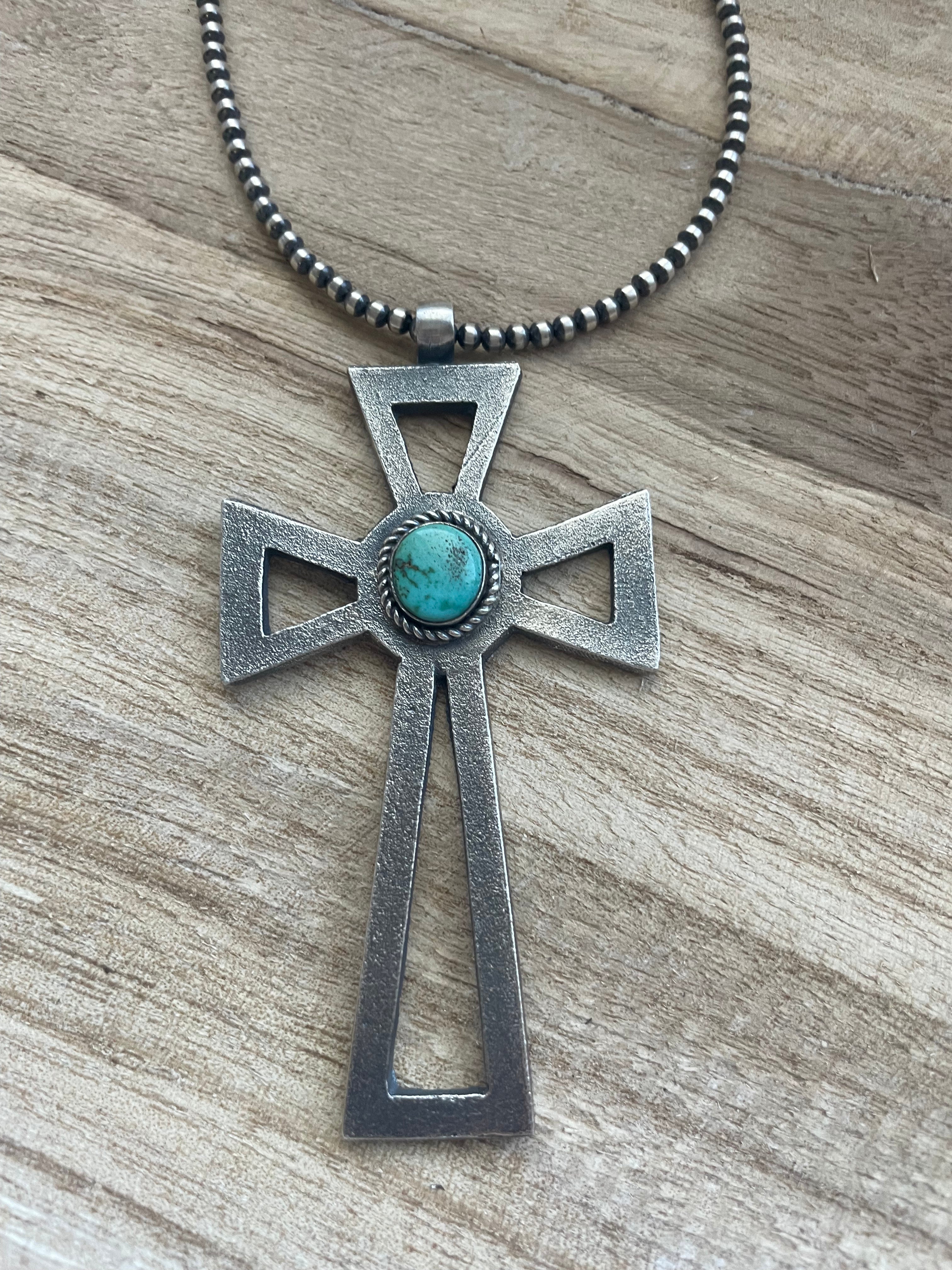 Navajo Sterling Silver & Turquoise Cross Pendant Signed Eugene Mitchell