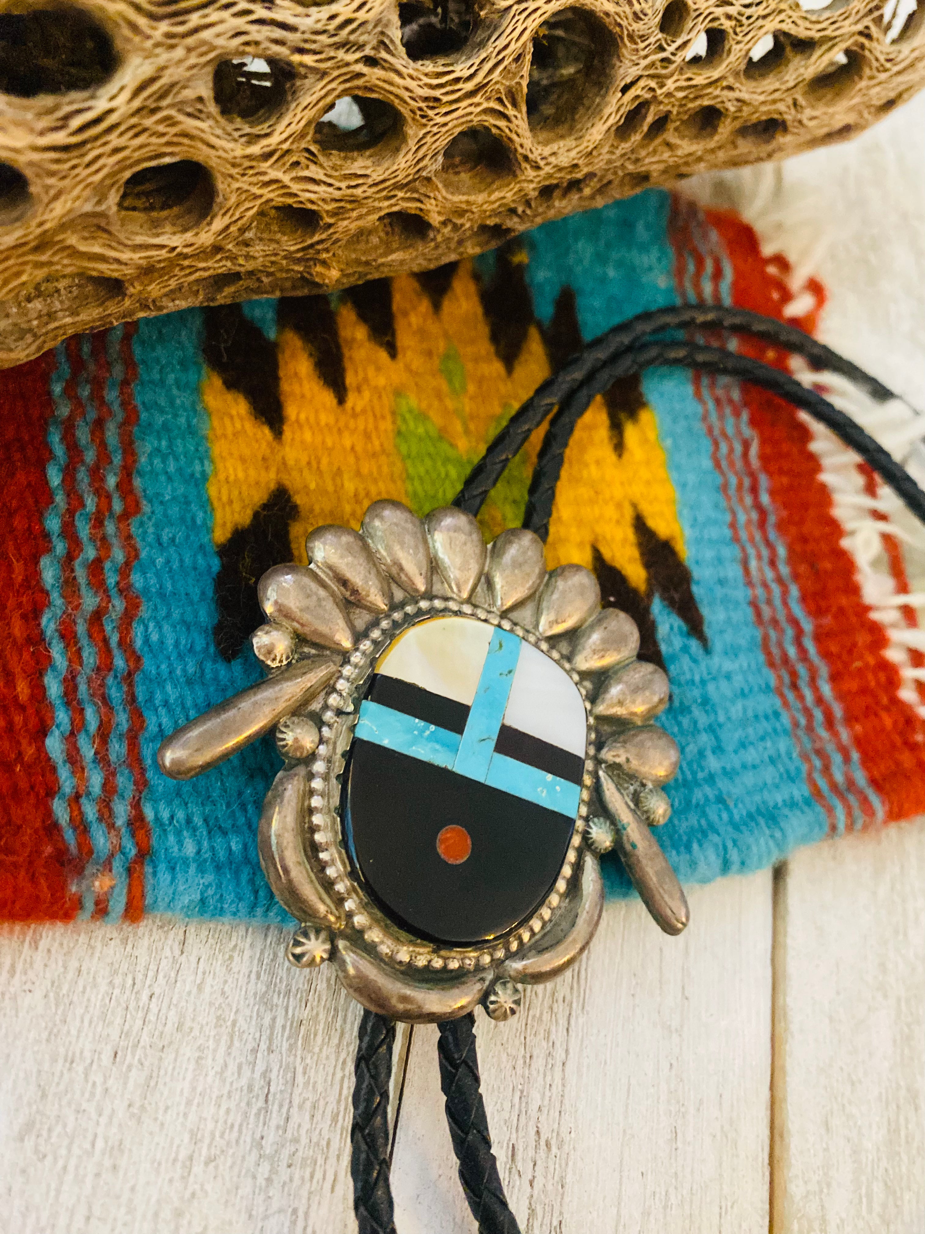 Vintage Navajo Sterling Silver & Multi Stone Inlay Bolo Tie