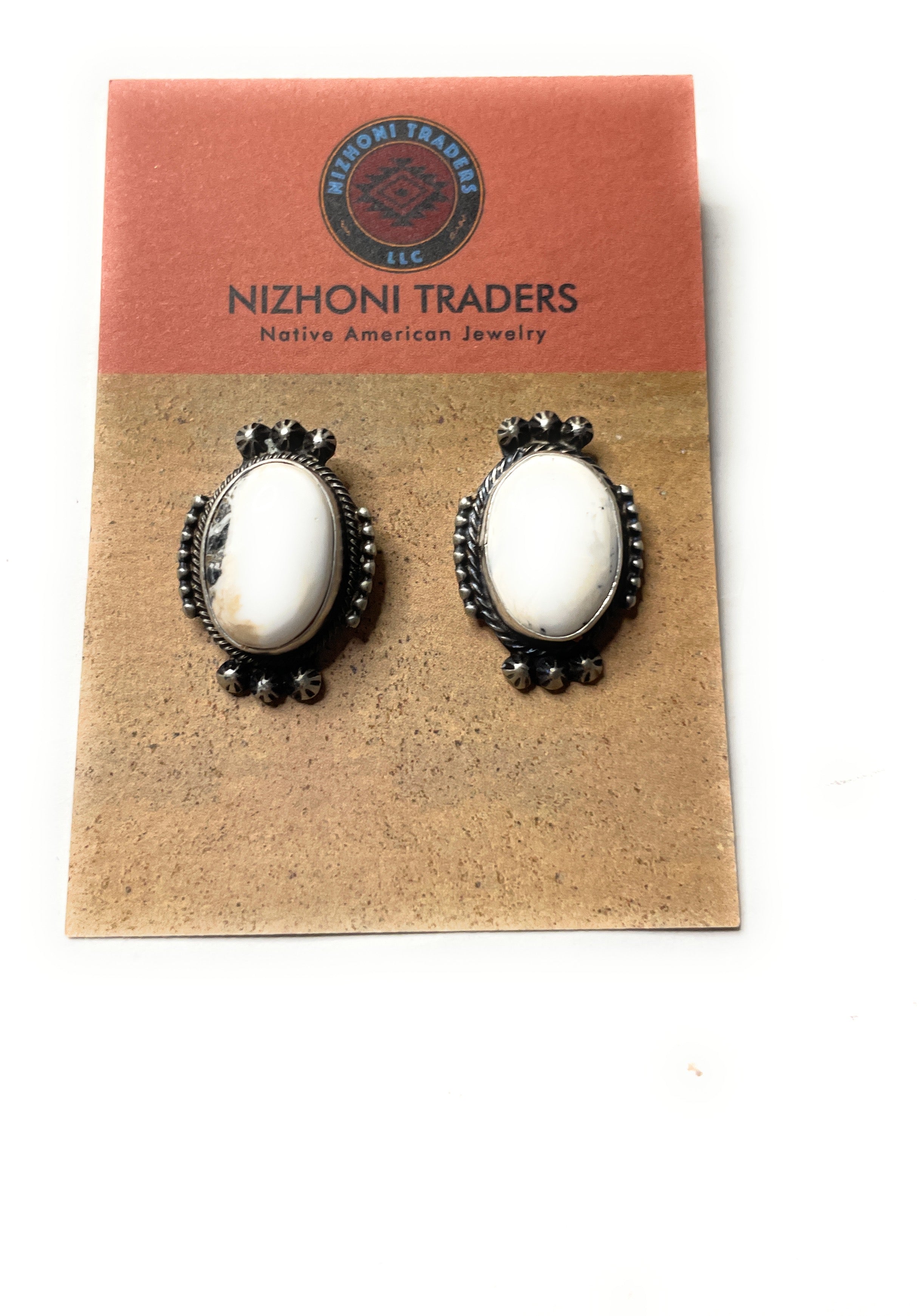 Navajo White Buffalo And Sterling Silver Post Earrings