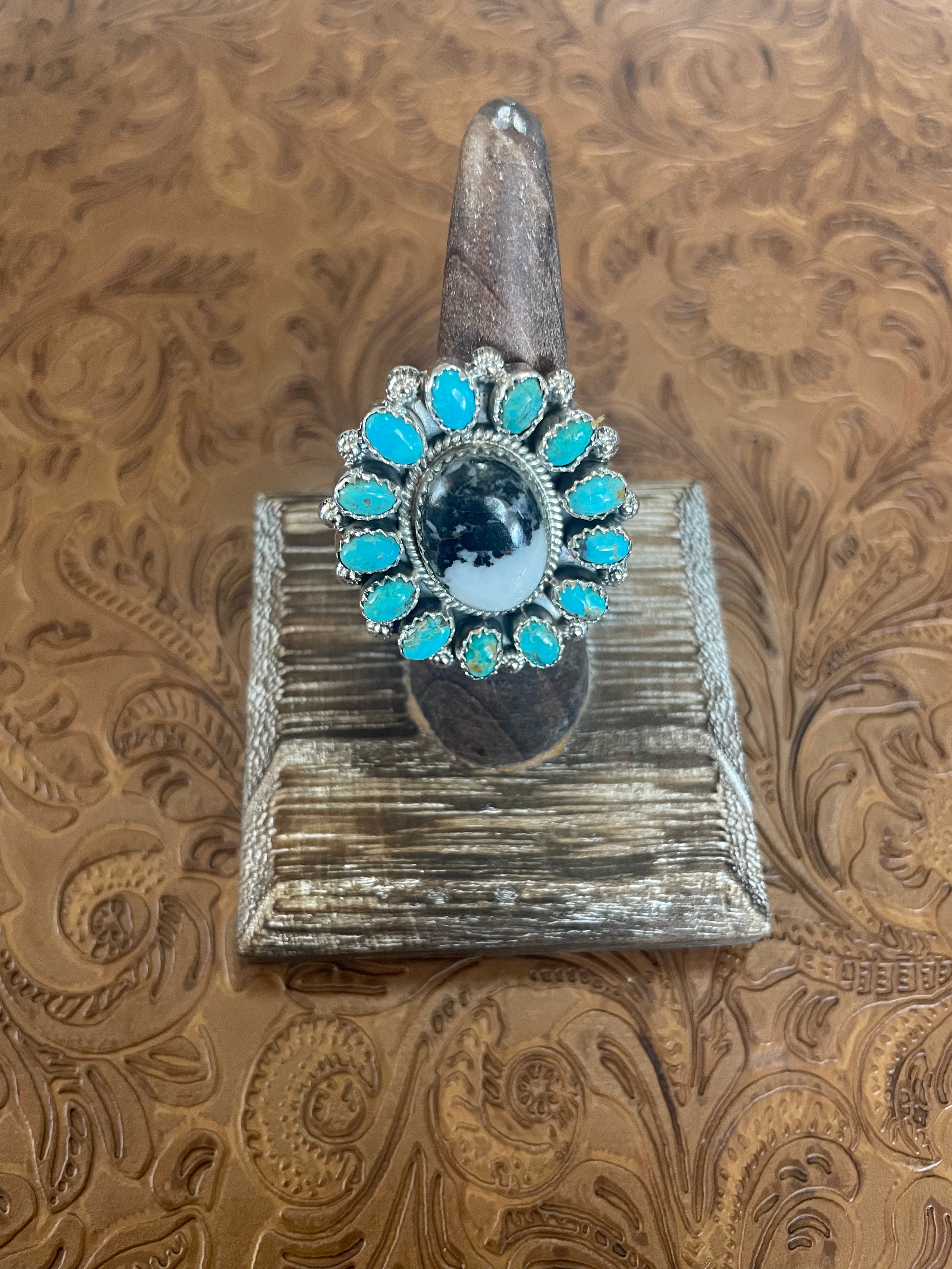 Handmade Sterling Silver, White Buffalo & Turquoise Cluster Adjustable Ring Signed Nizhoni