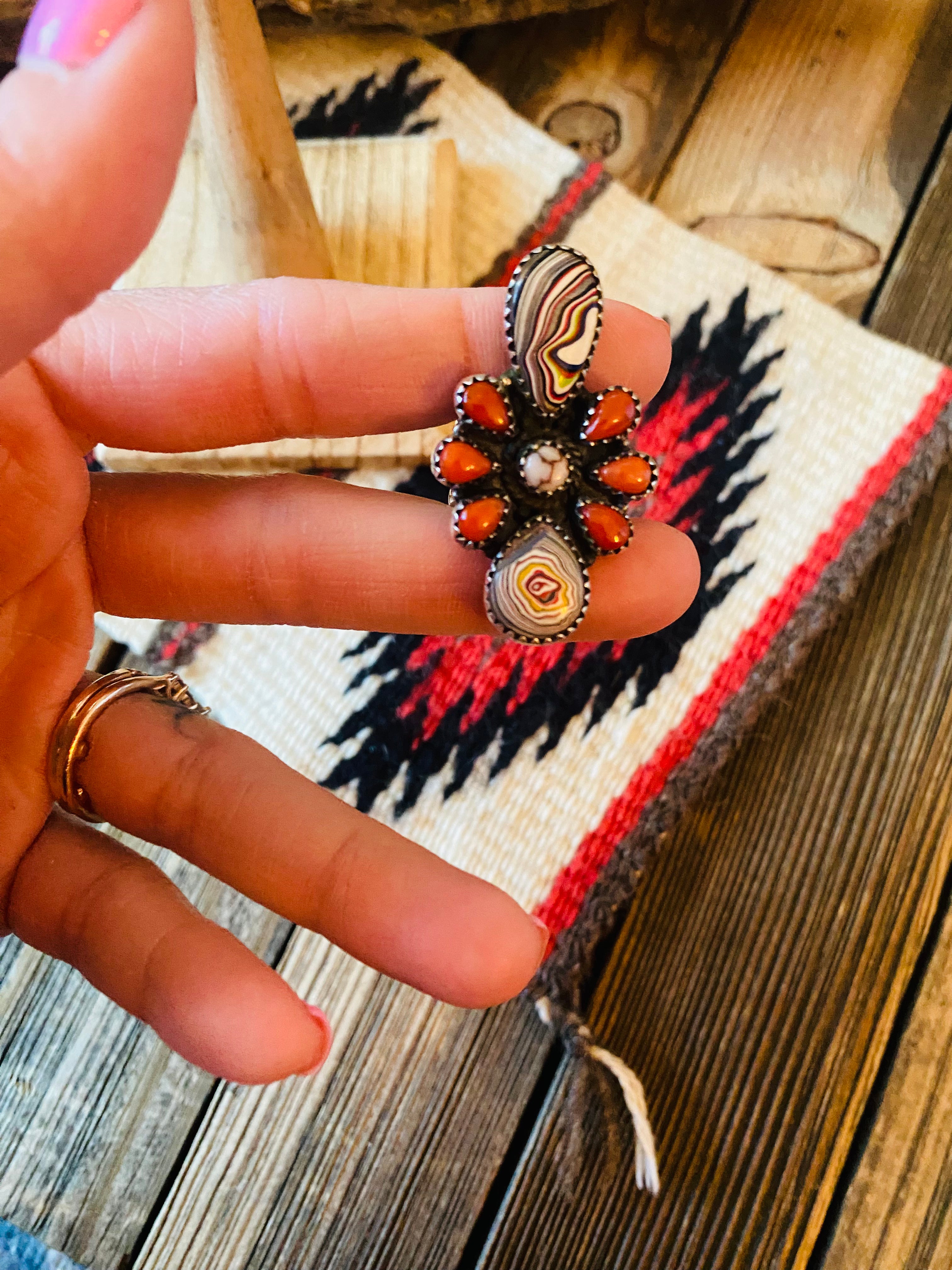 Handmade Sterling Silver, Fordite & Coral Cluster Adjustable Ring