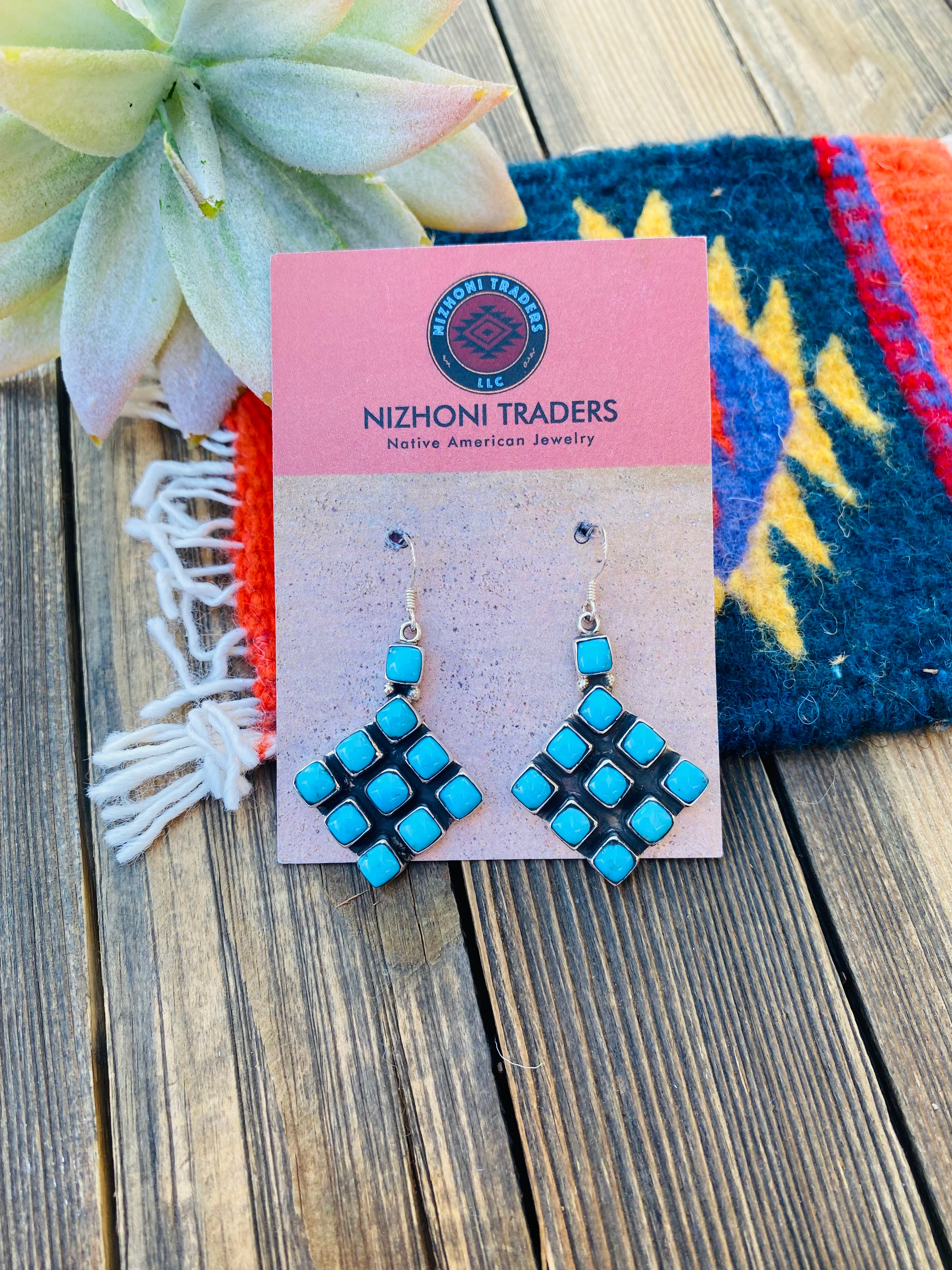 Navajo Sleeping Beauty Turquoise & Sterling Silver Cluster Dangle Earrings