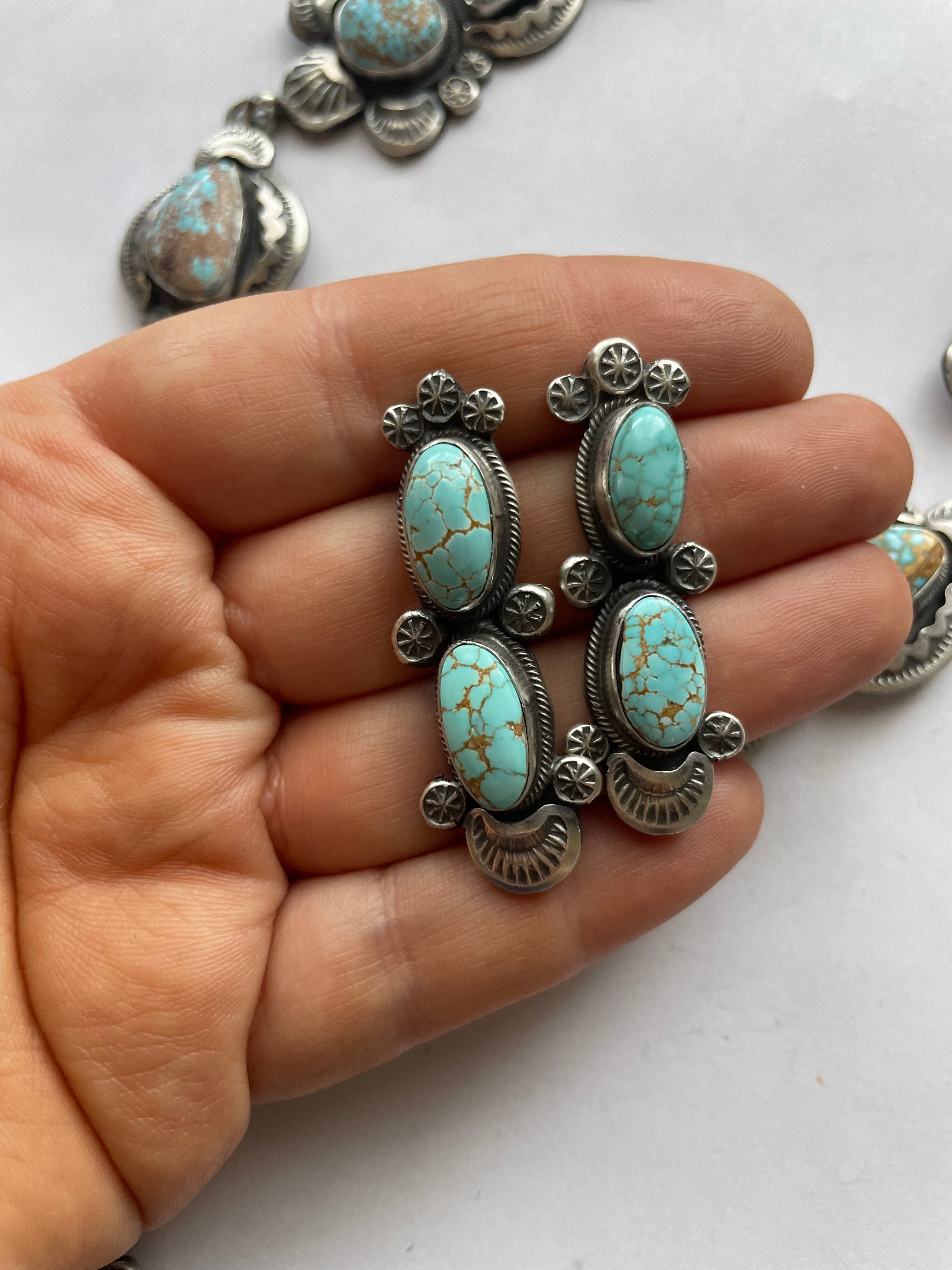 Navajo Sterling Silver & Number 8 Turquoise Necklace Earring Set Signed