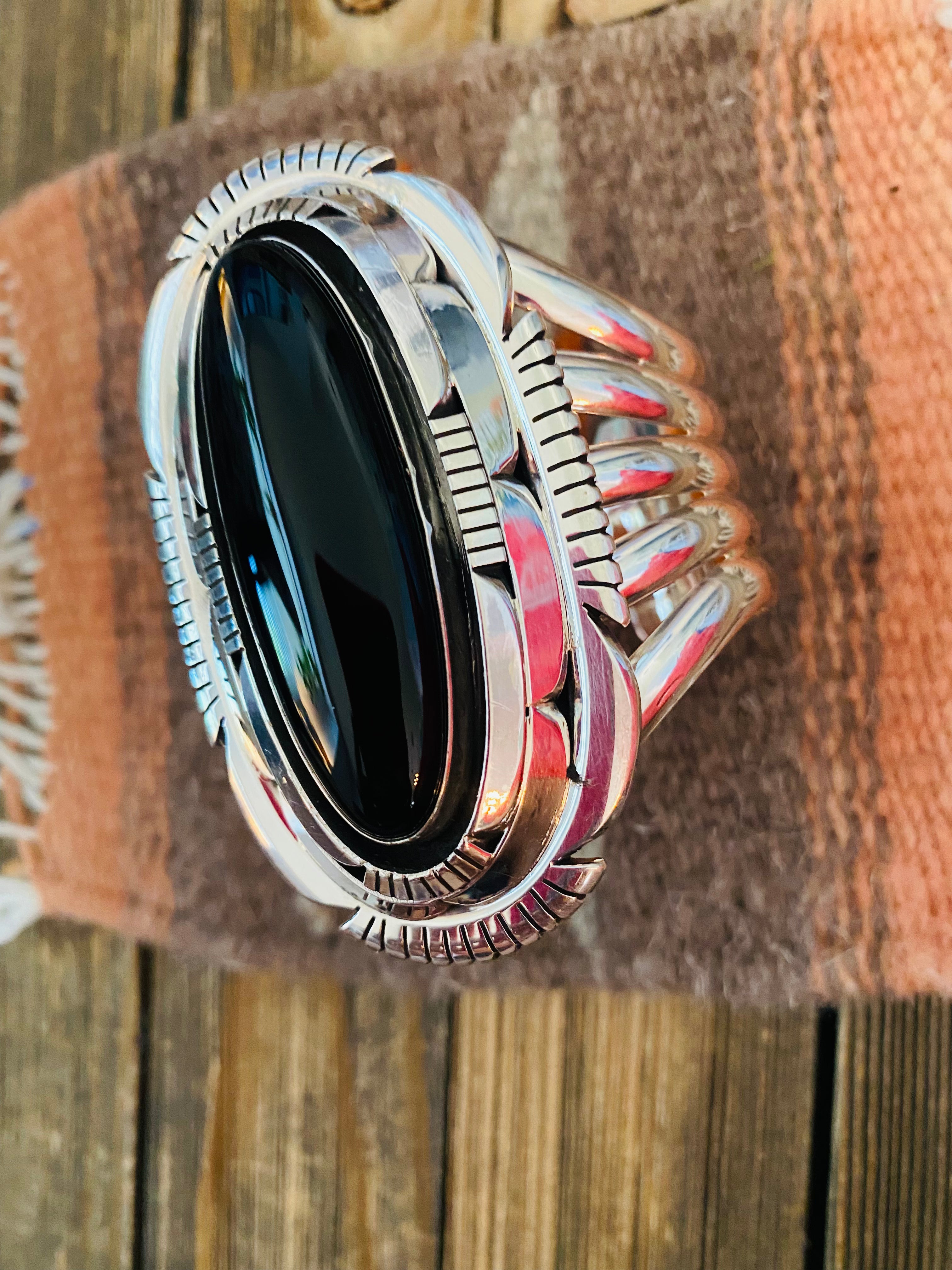 Navajo Sterling Silver & Black Onyx Cuff Bracelet Signed