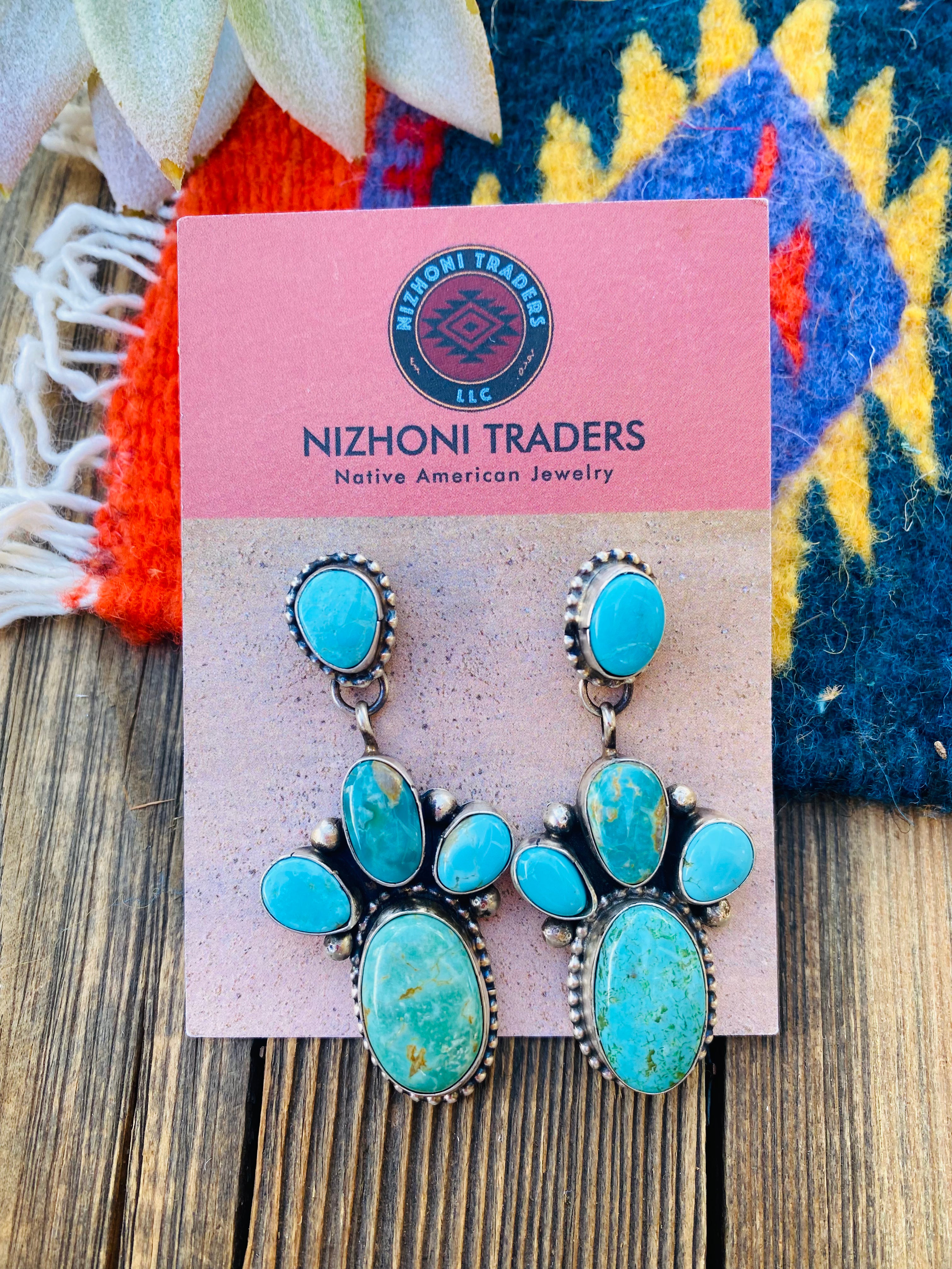 Navajo Multi Turquoise & Sterling Silver Cluster Dangle Earrings