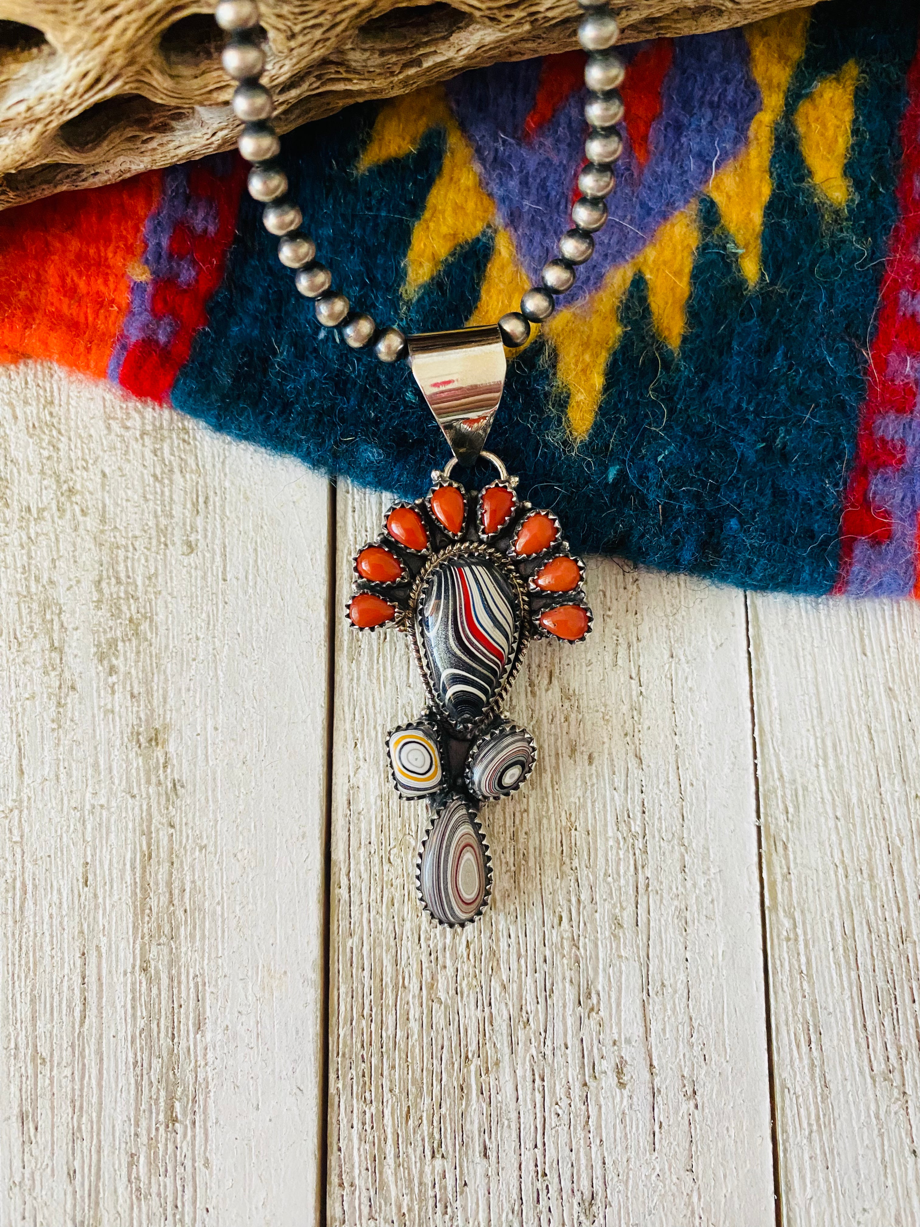 Handmade Sterling Silver, Fordite & Coral Cluster Pendant