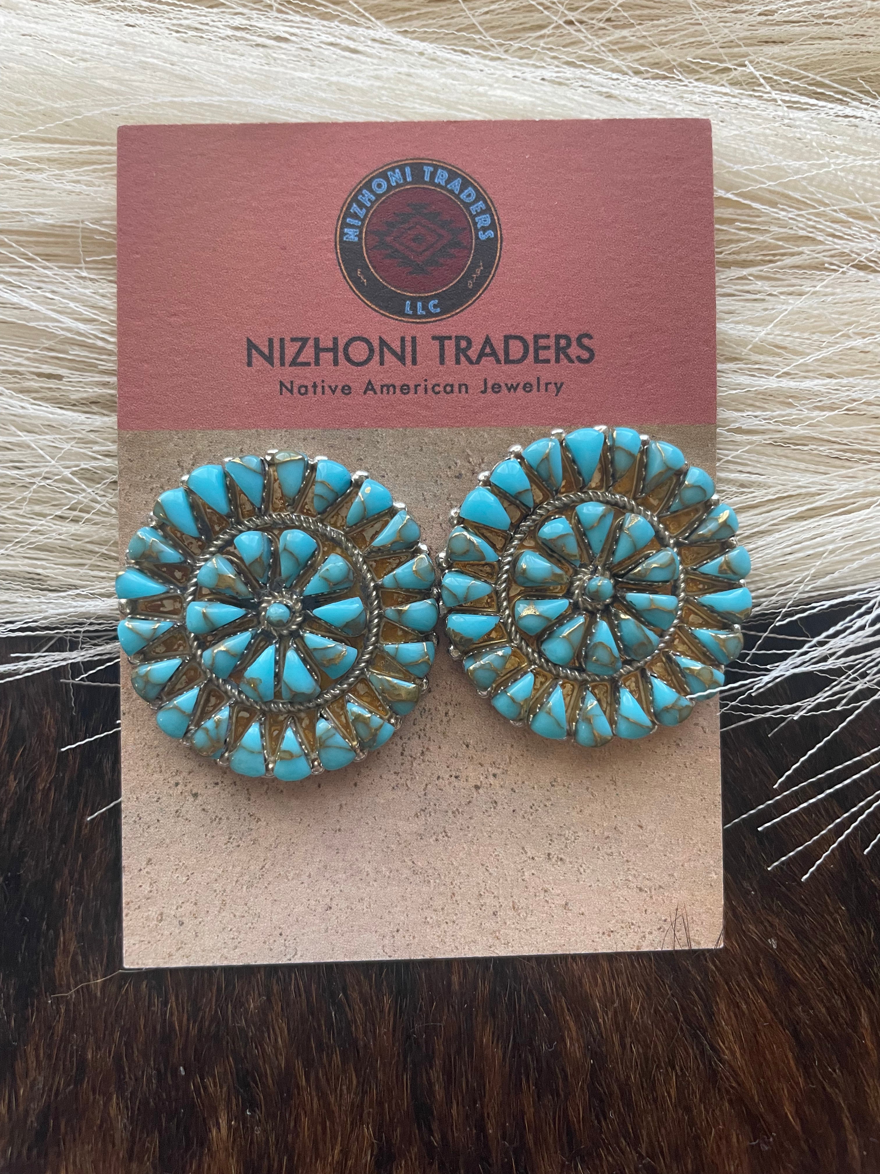 Navajo Sterling Silver And Turquoise Cluster Circle Earrings Signed 1.75”