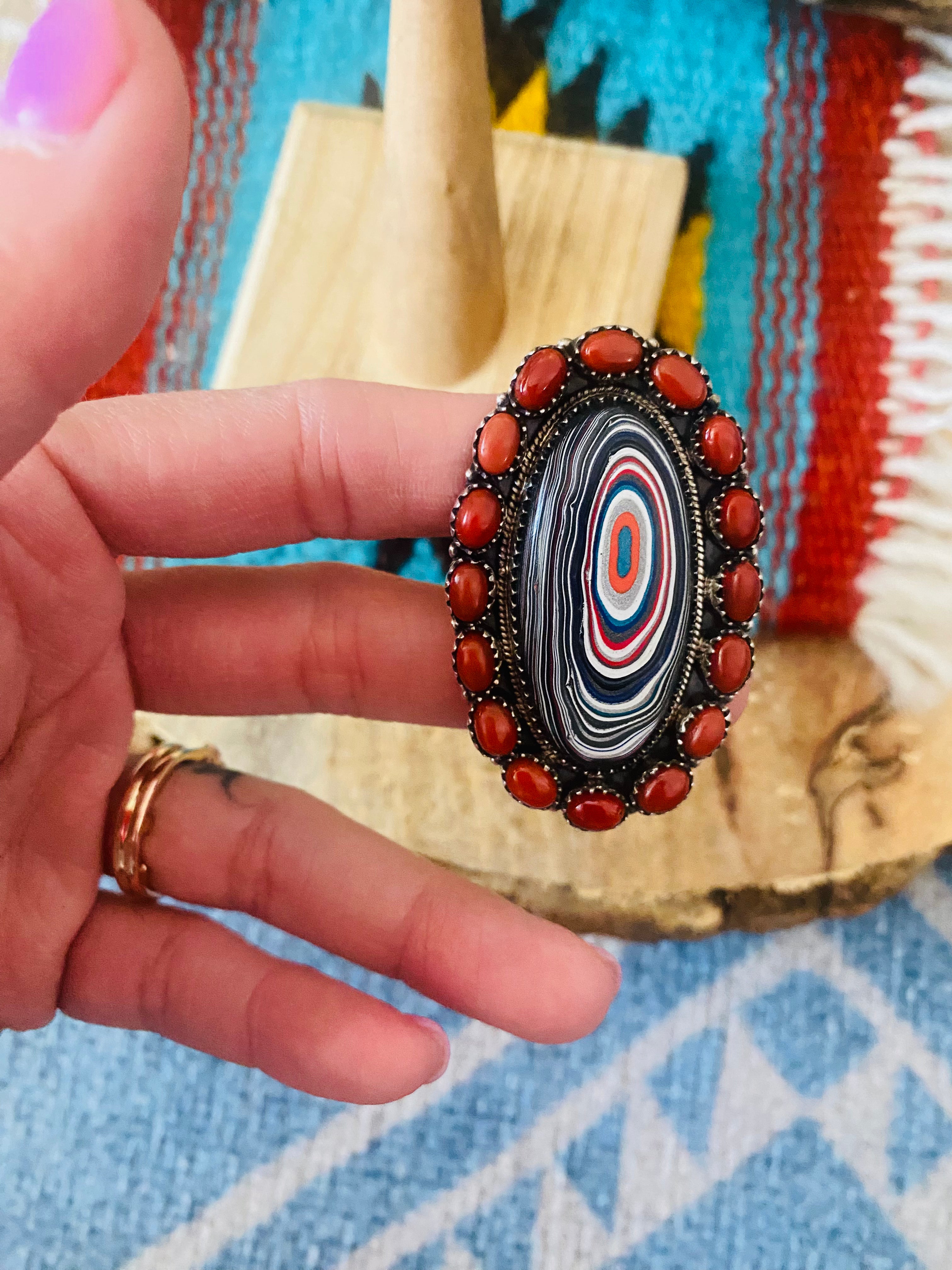 Handmade Sterling Silver, Fordite & Coral Cluster Adjustable Ring