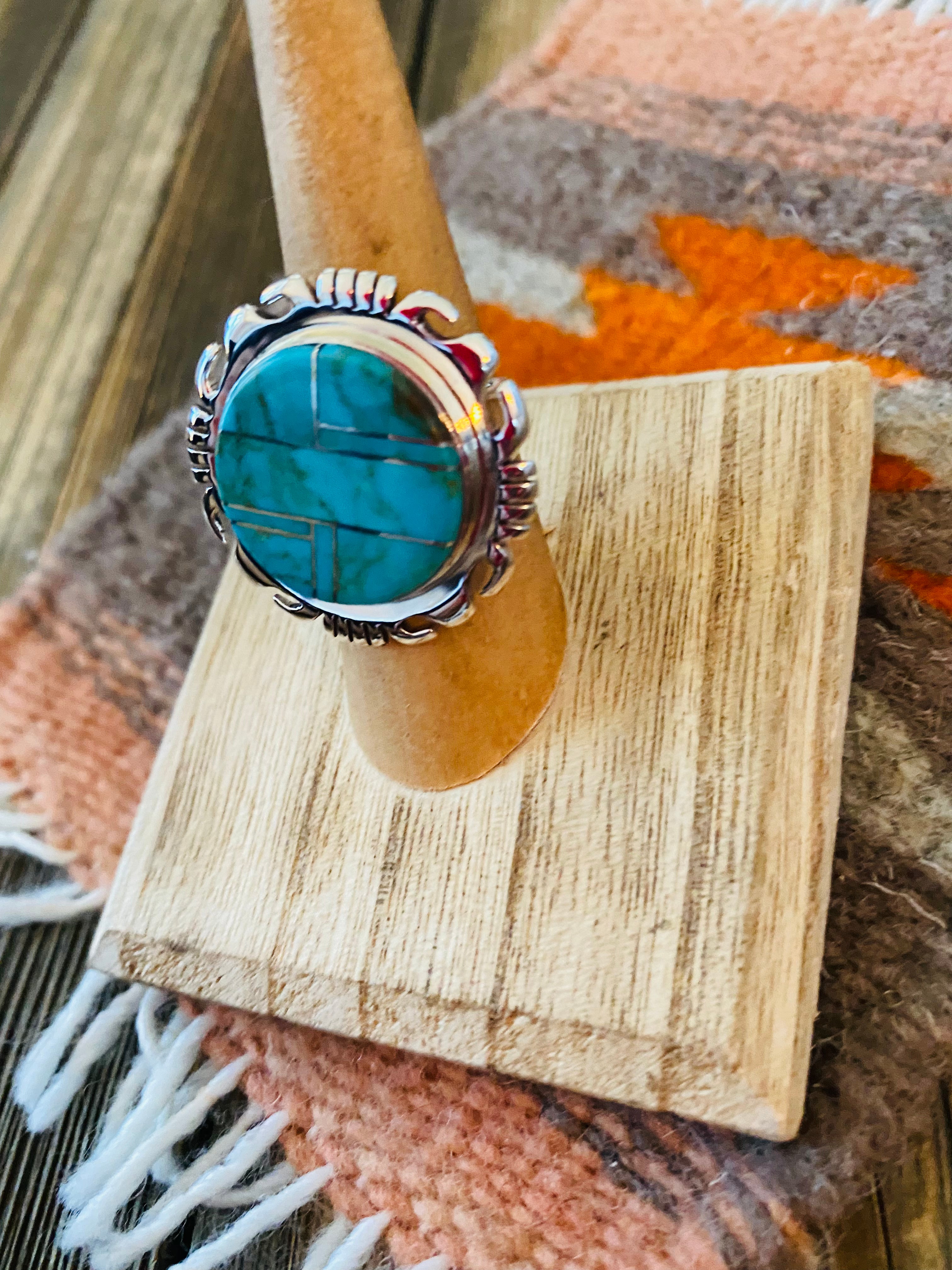 Navajo Sterling Silver & Turquoise Inlay Ring Size 6.75