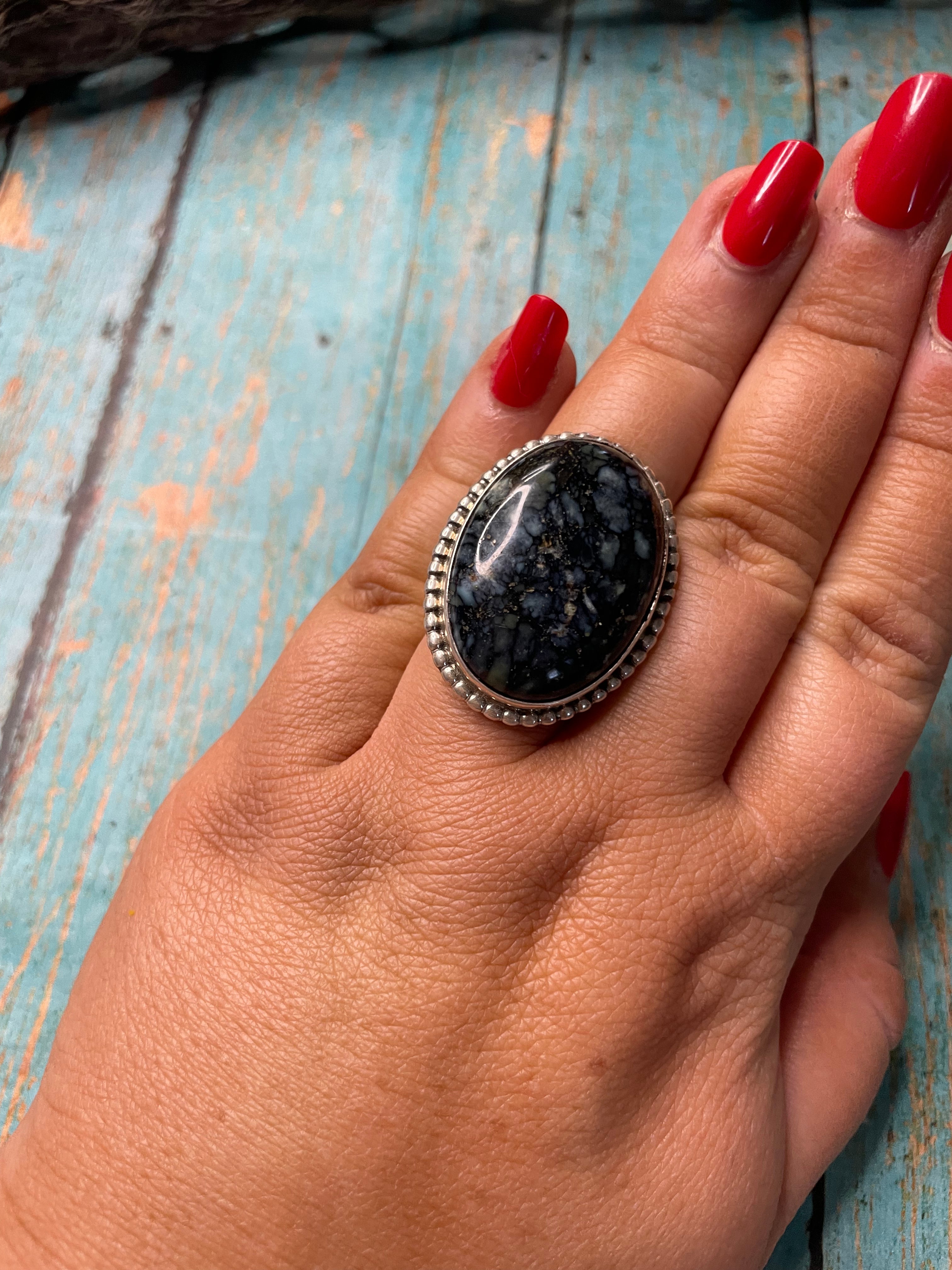 Old Pawn Navajo Sterling Silver & Tibetan Turquoise Ring Size 8