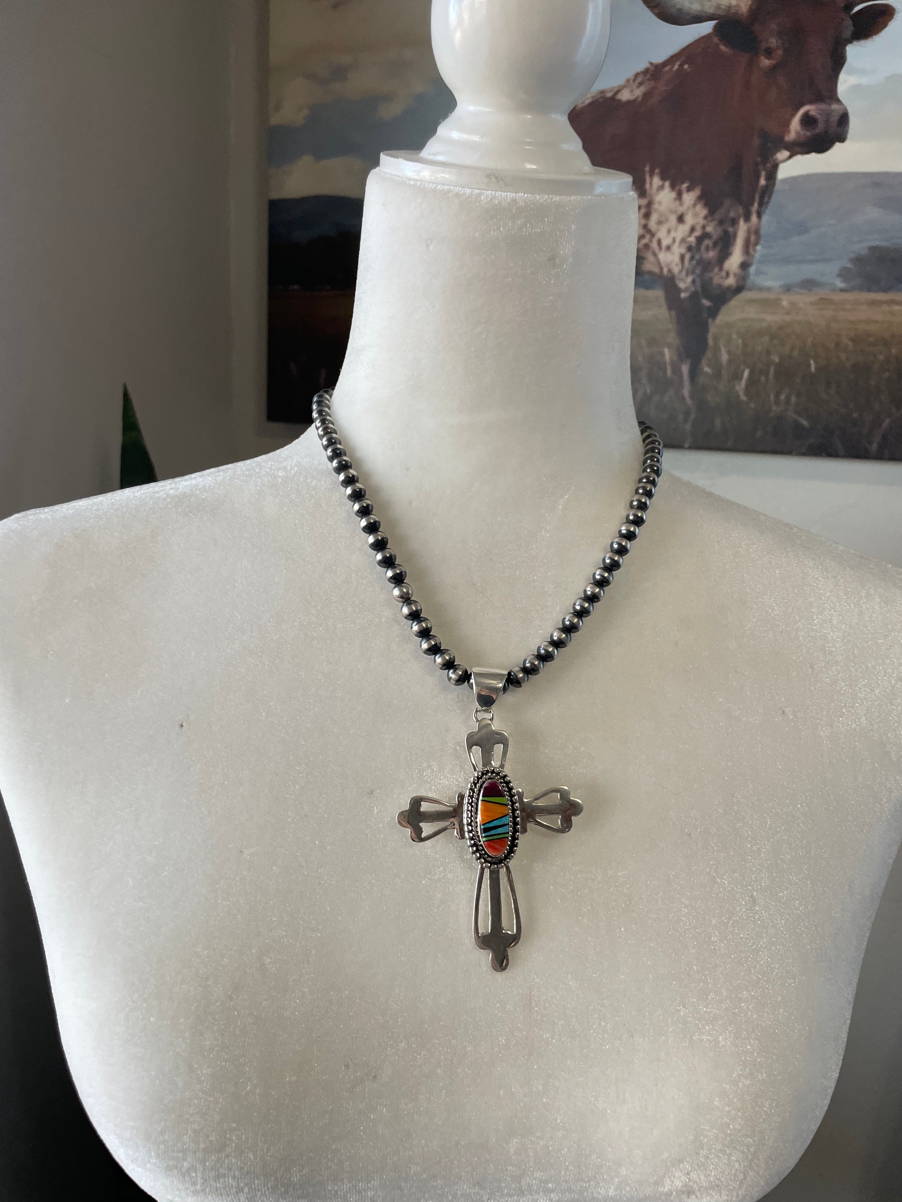 Navajo Multi Stone Inlay & Sterling Silver Cross Pendant Signed