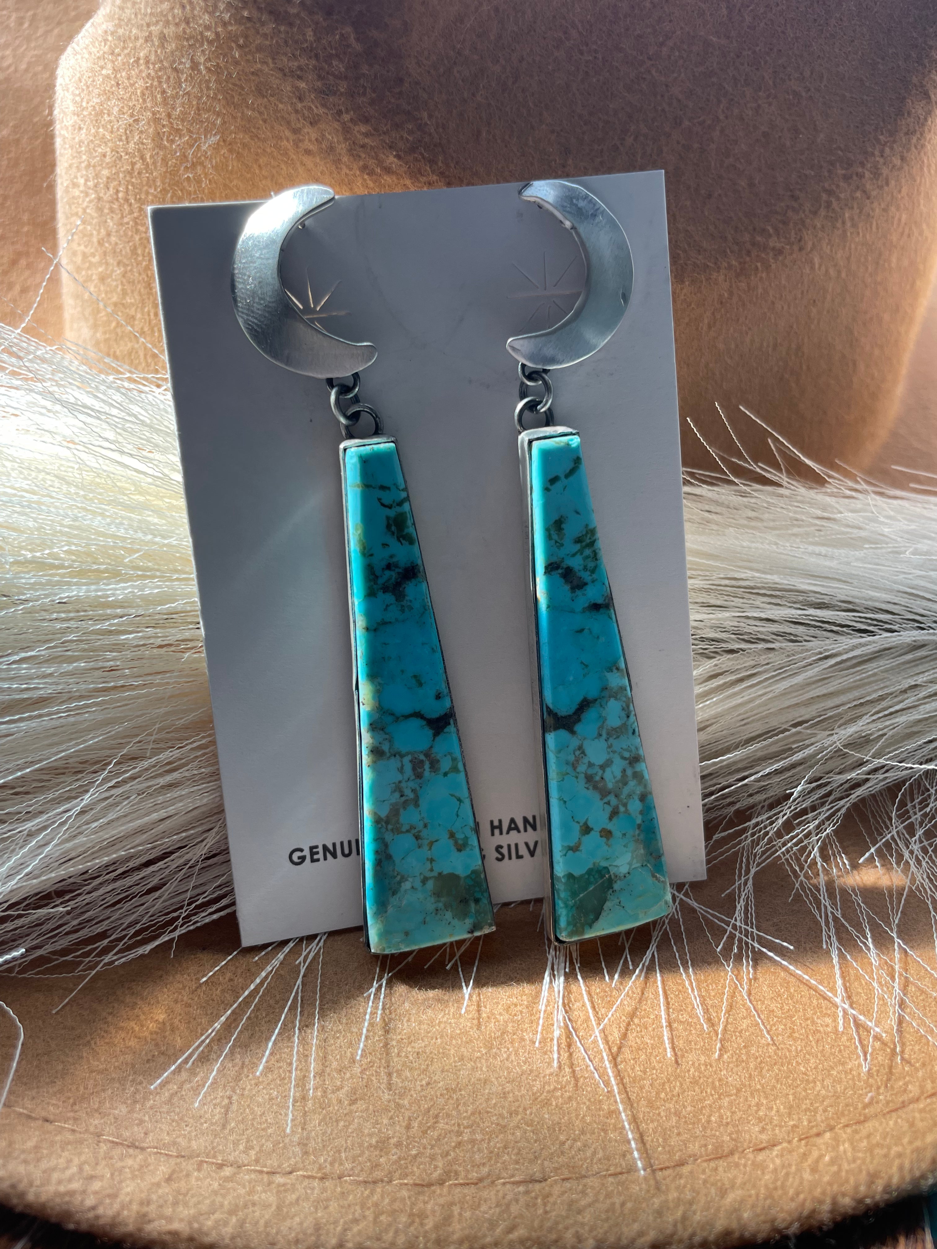 Navajo Turquoise & Sterling Silver Moon Slab Dangles Signed P Yazzie