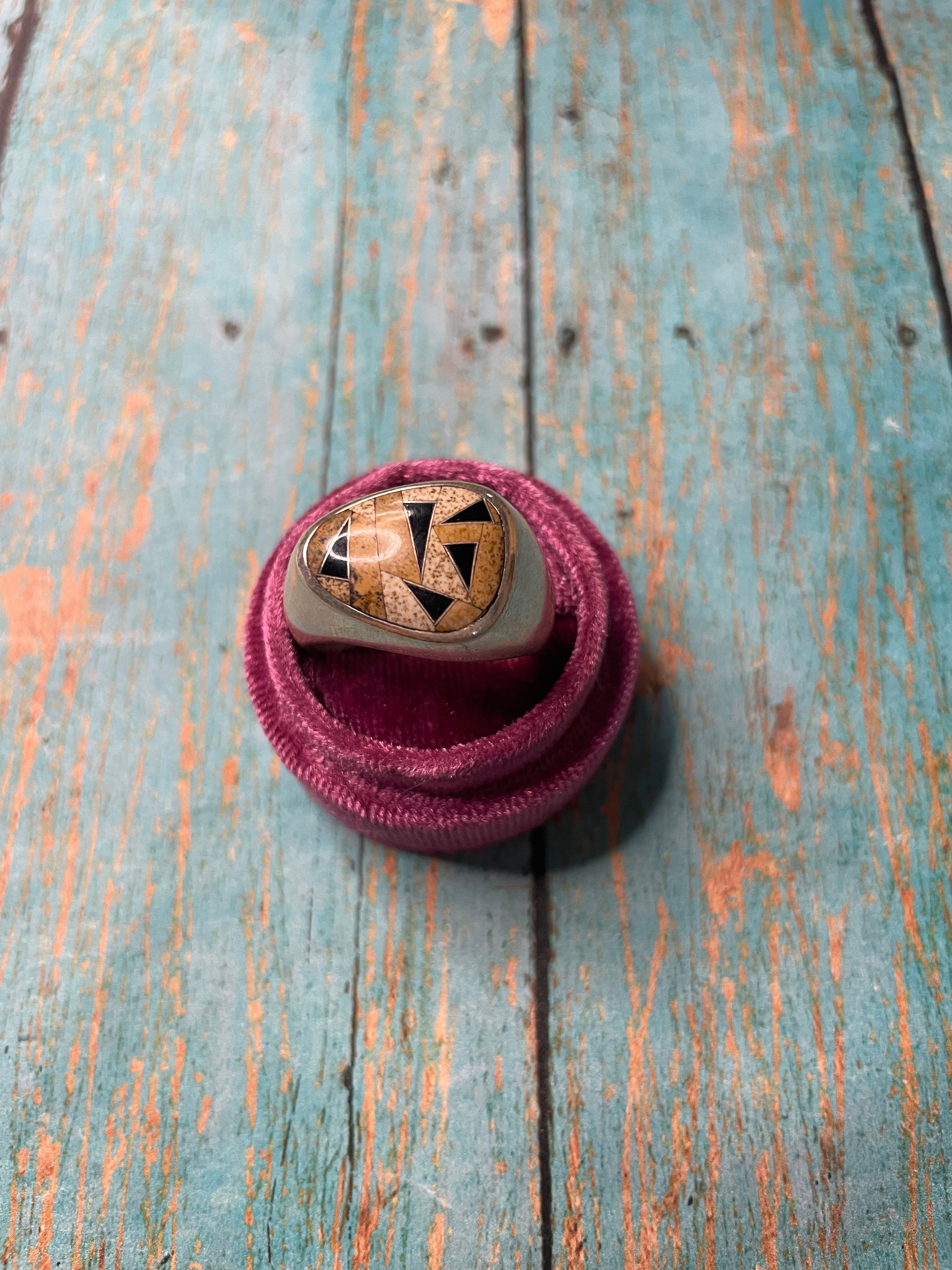 Old Pawn Navajo Sterling Silver, Tiger Eye & Onyx Ring Size 10