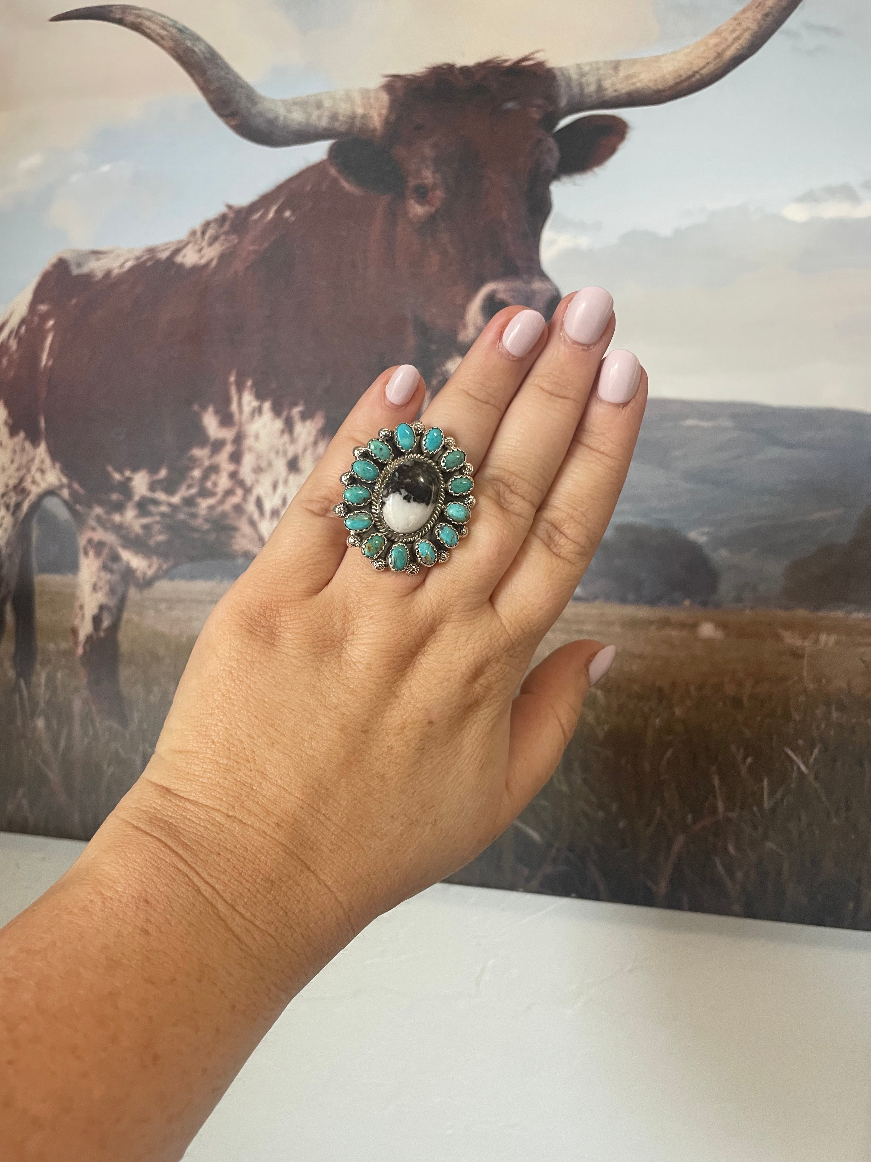 Handmade Sterling Silver, White Buffalo & Turquoise Cluster Adjustable Ring Signed Nizhoni