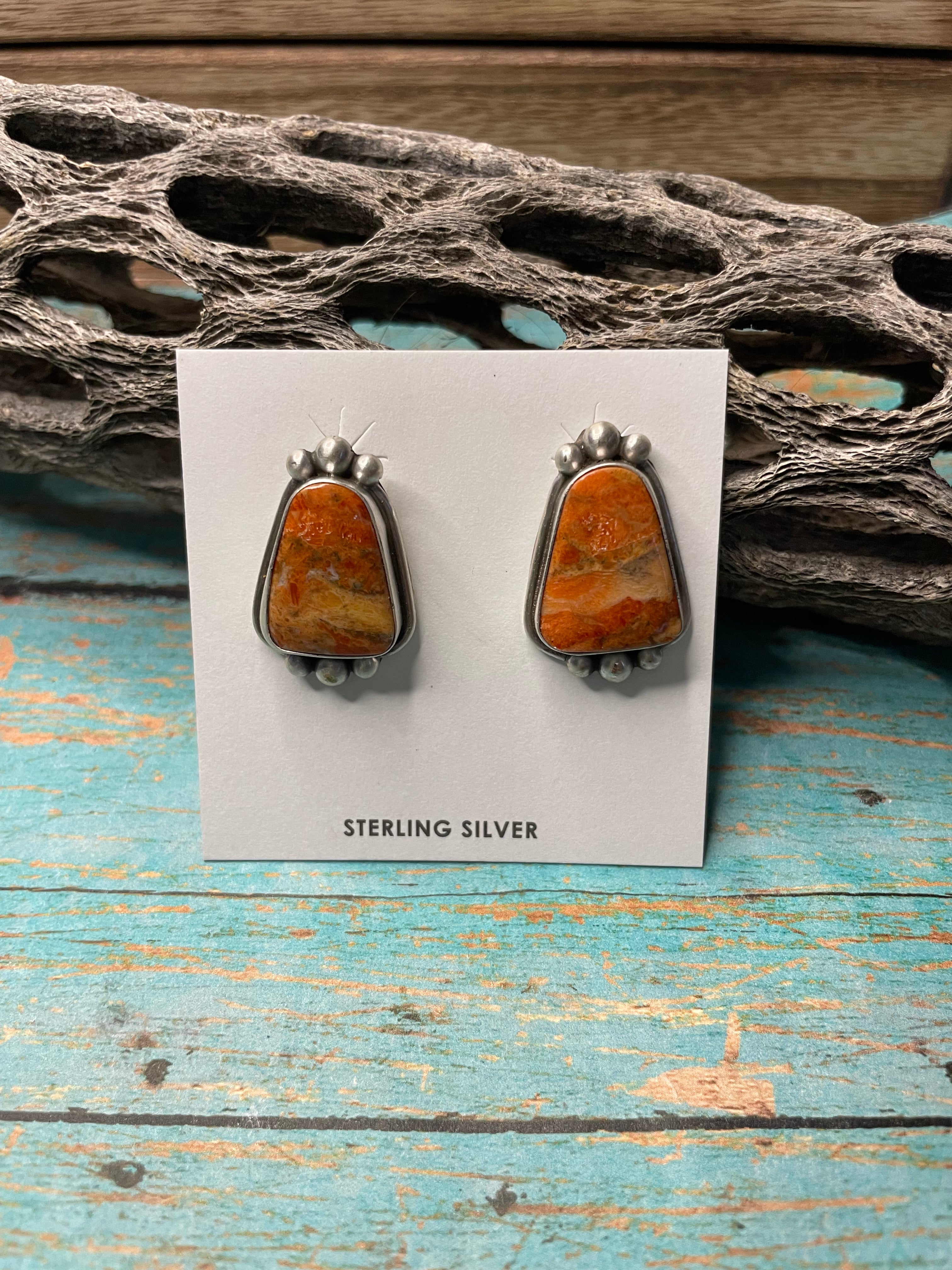 Navajo Apple Coral And Sterling Silver Post Earrings Signed