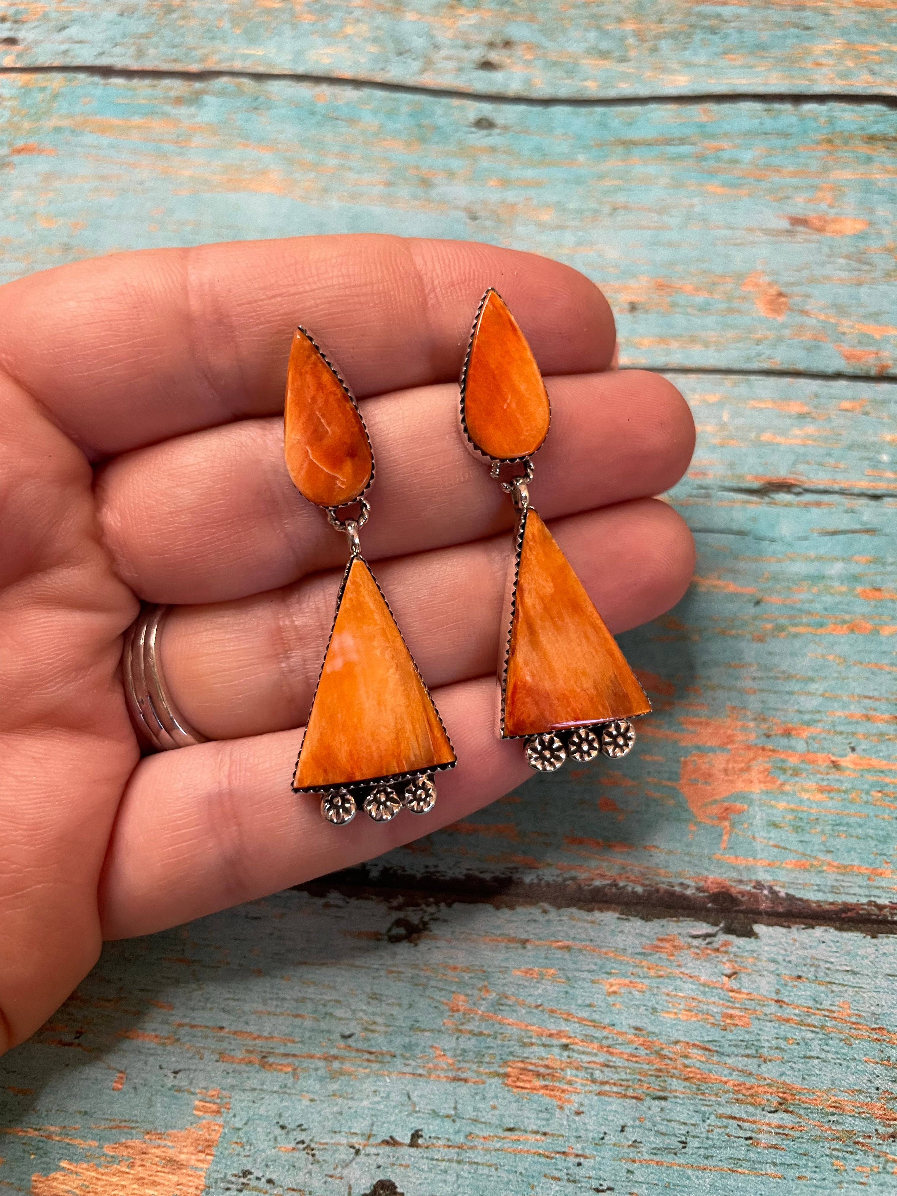 Navajo Sterling Silver And Coral Dangle Earrings